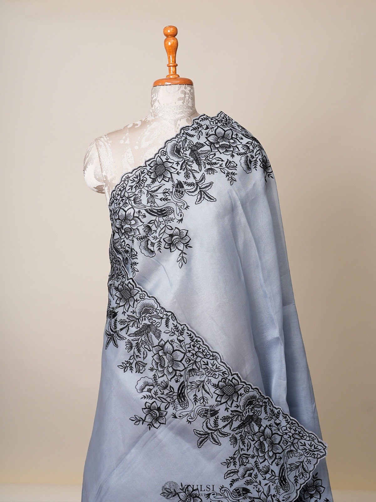 Greyish Blue Organza Silk Saree