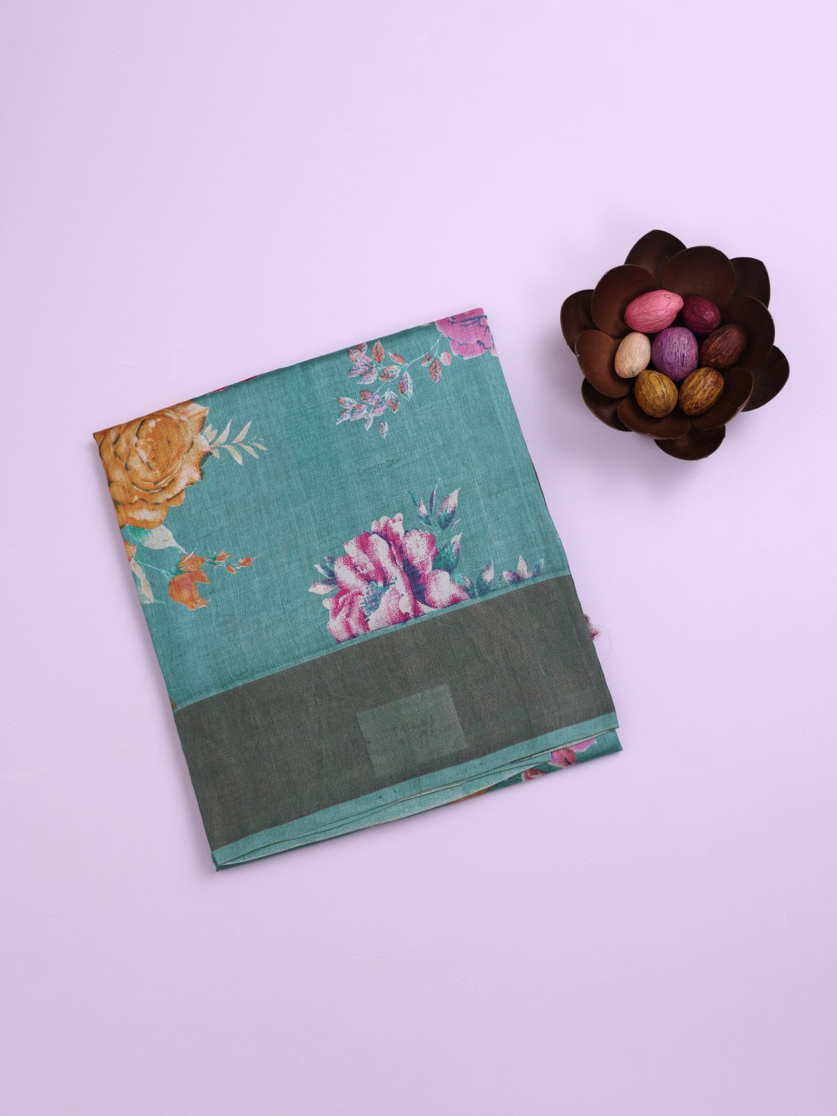Teal Printed Tussar Silk Saree with Greyish Teal Border