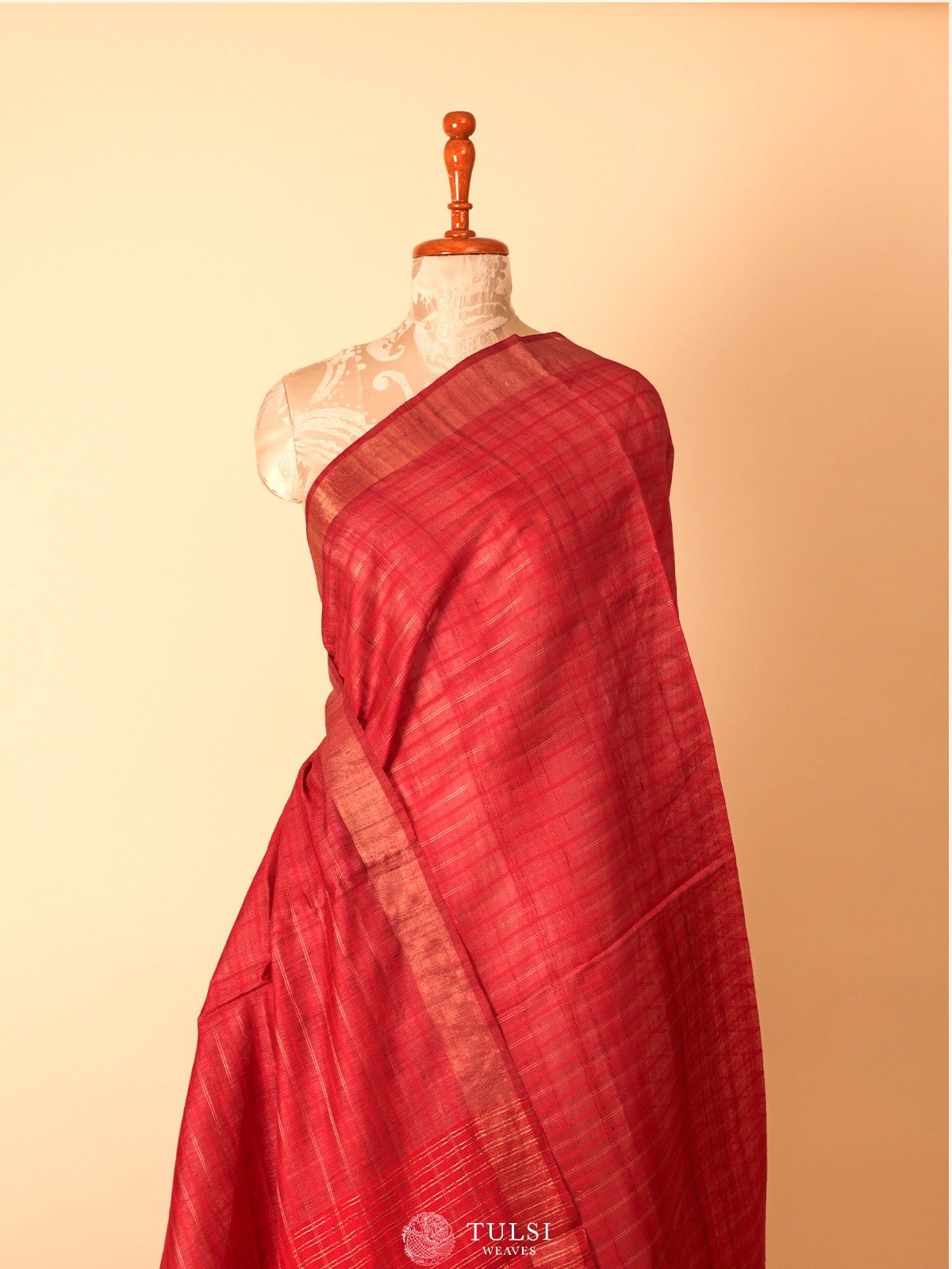 Dark Red Tussar Silk Saree