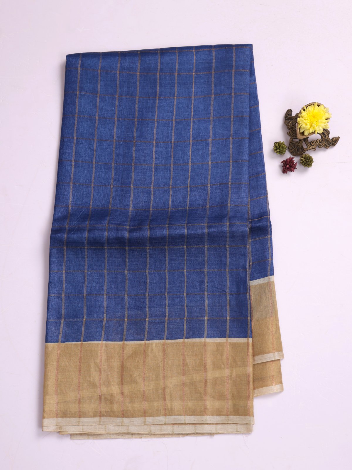 Blue Zari Checked Tussar Silk Saree With Cream Printed Blouse