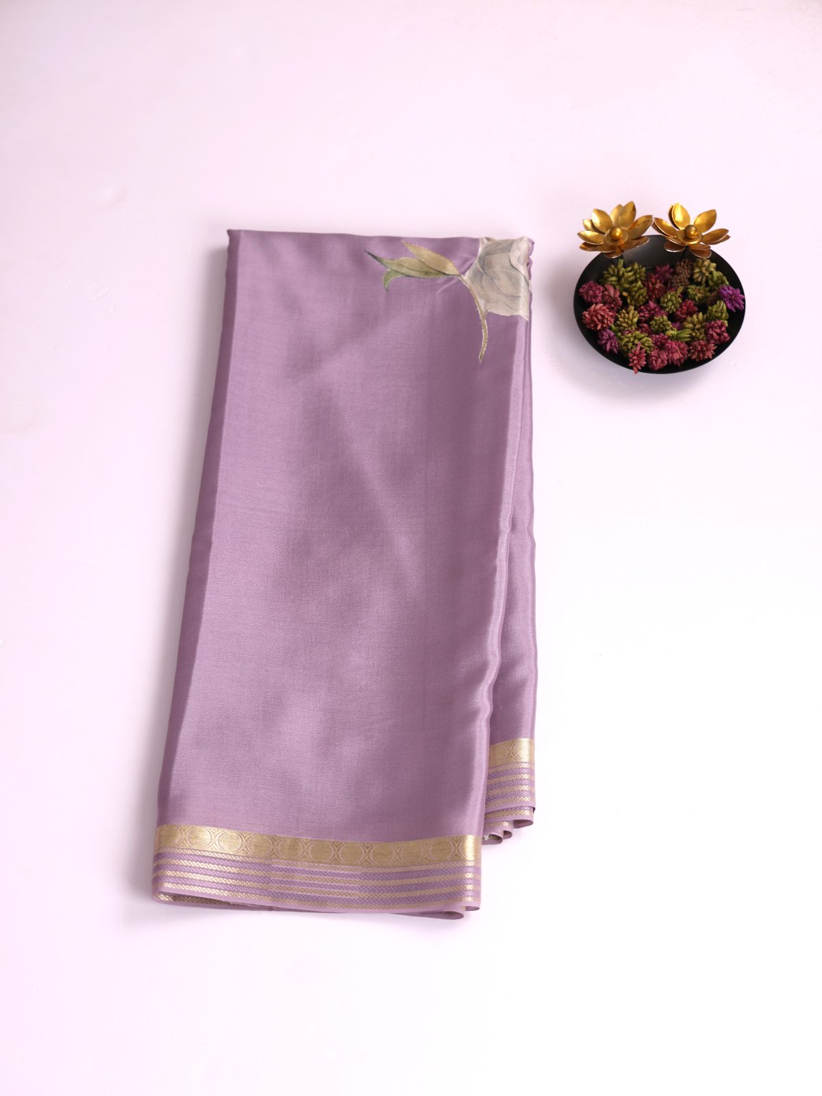 Light Greyish Purple Mysore Silk Saree With Zari Border
