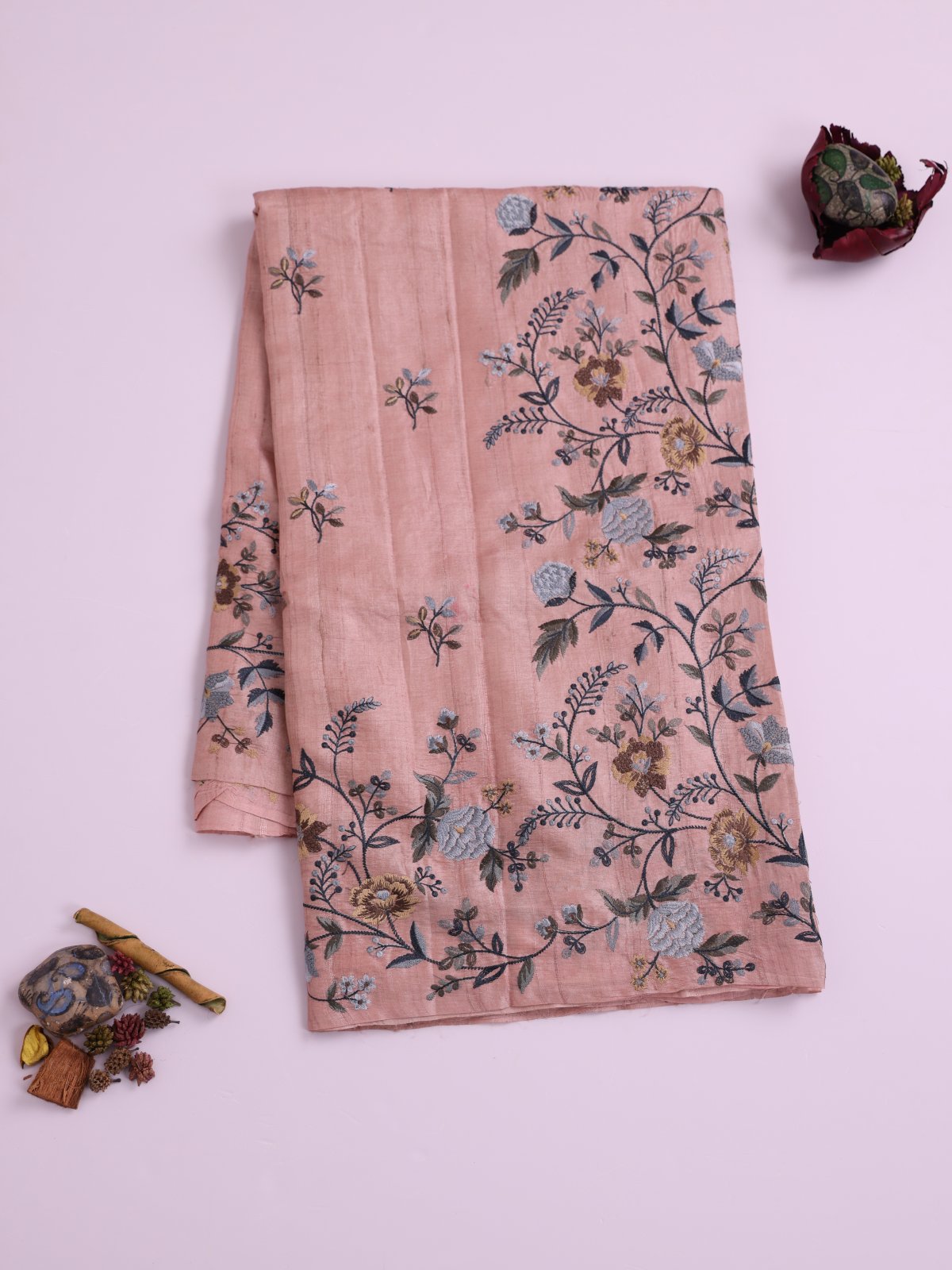 Light Pink Embroidered Tussar Silk Saree