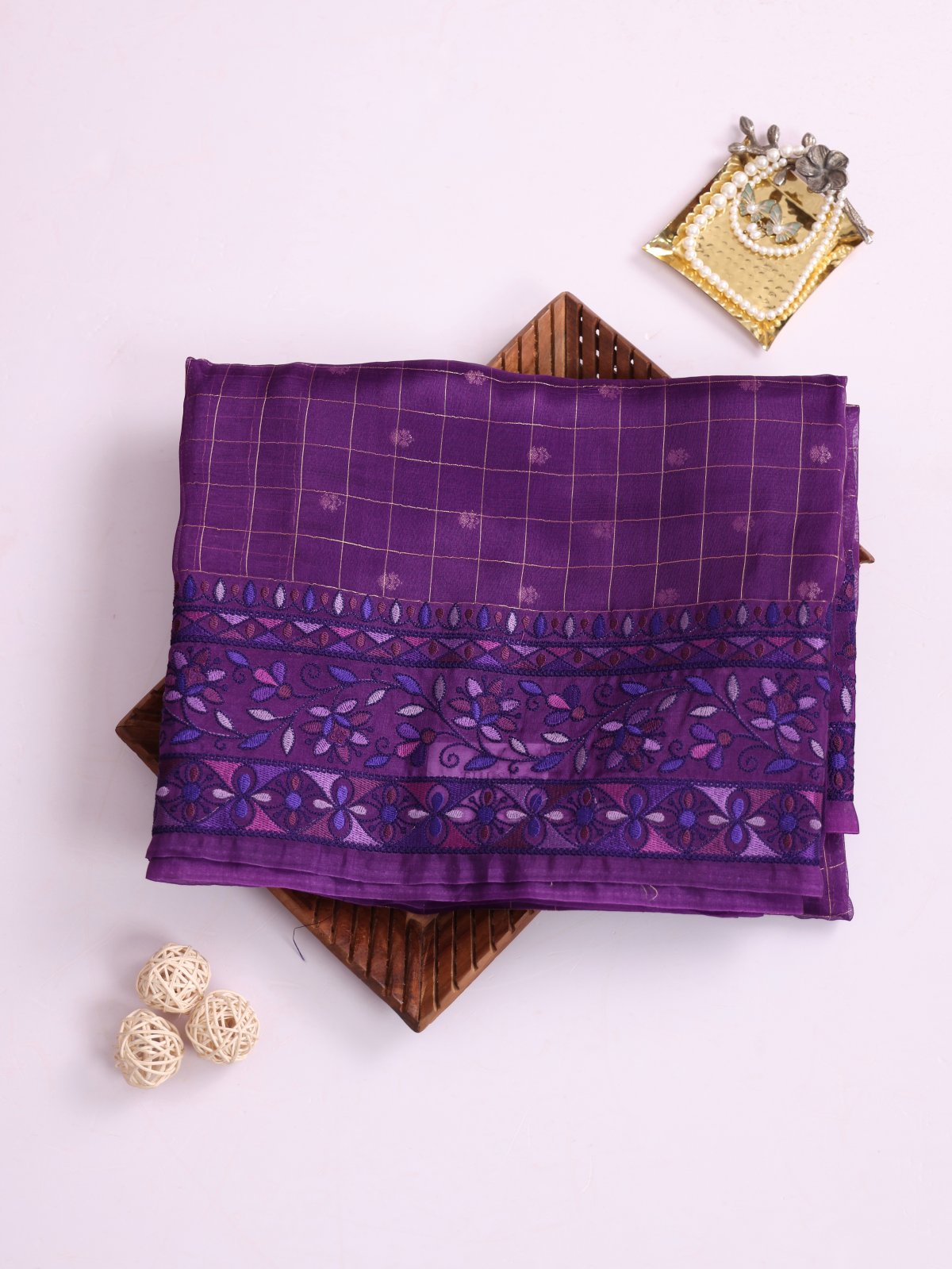 Violet Zari Checked Organza Silk Saree With Embroidered Border
