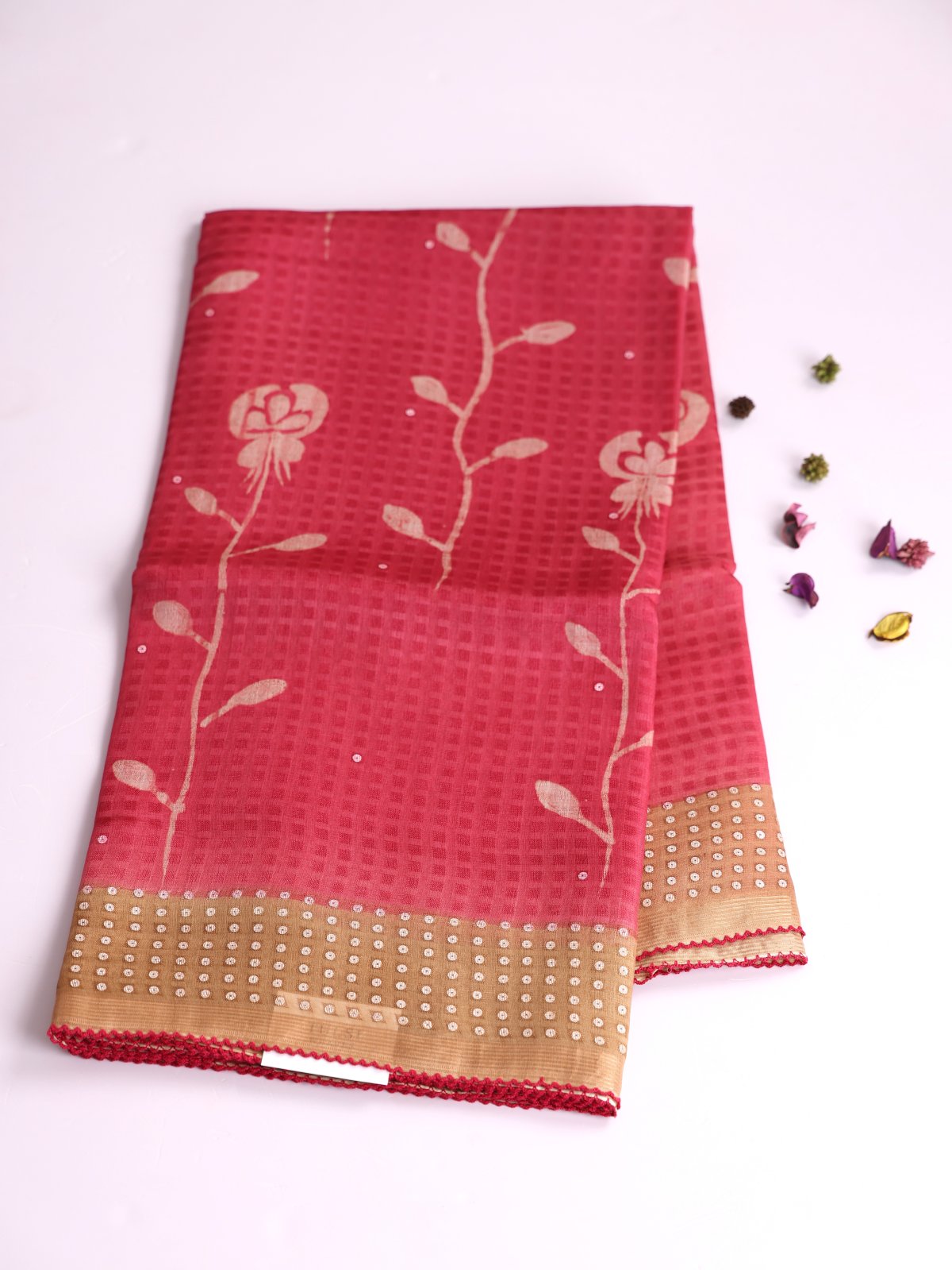 Pink Printed Organza Silk Saree With Sequins Border