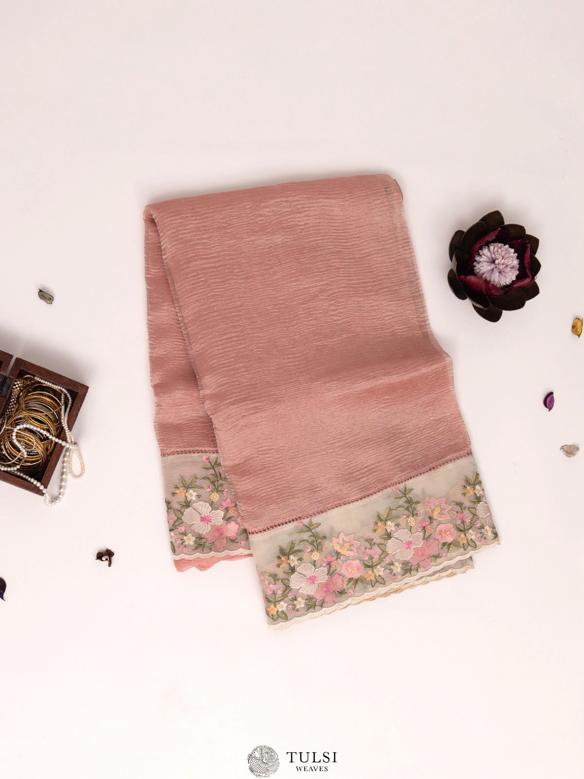 Dusty Pink Crushed Organza Silk Saree