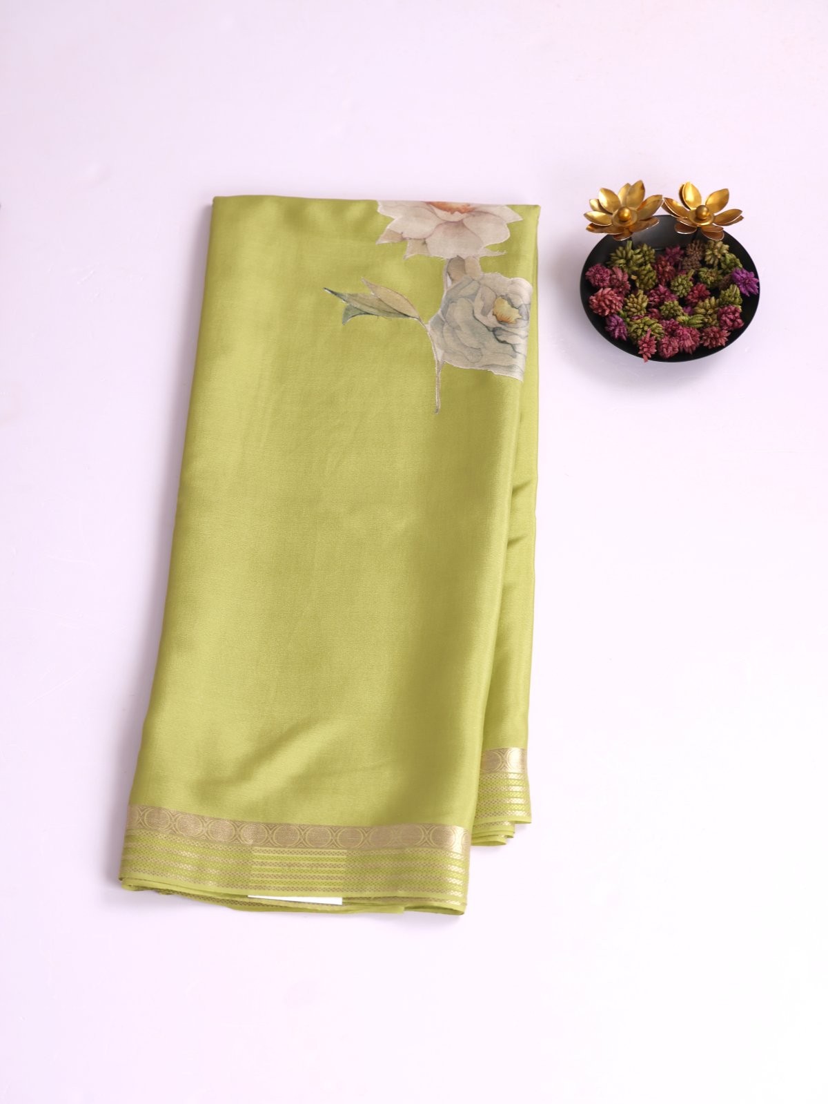 Light Mehndi Green Mysore Silk Saree With Zari Border