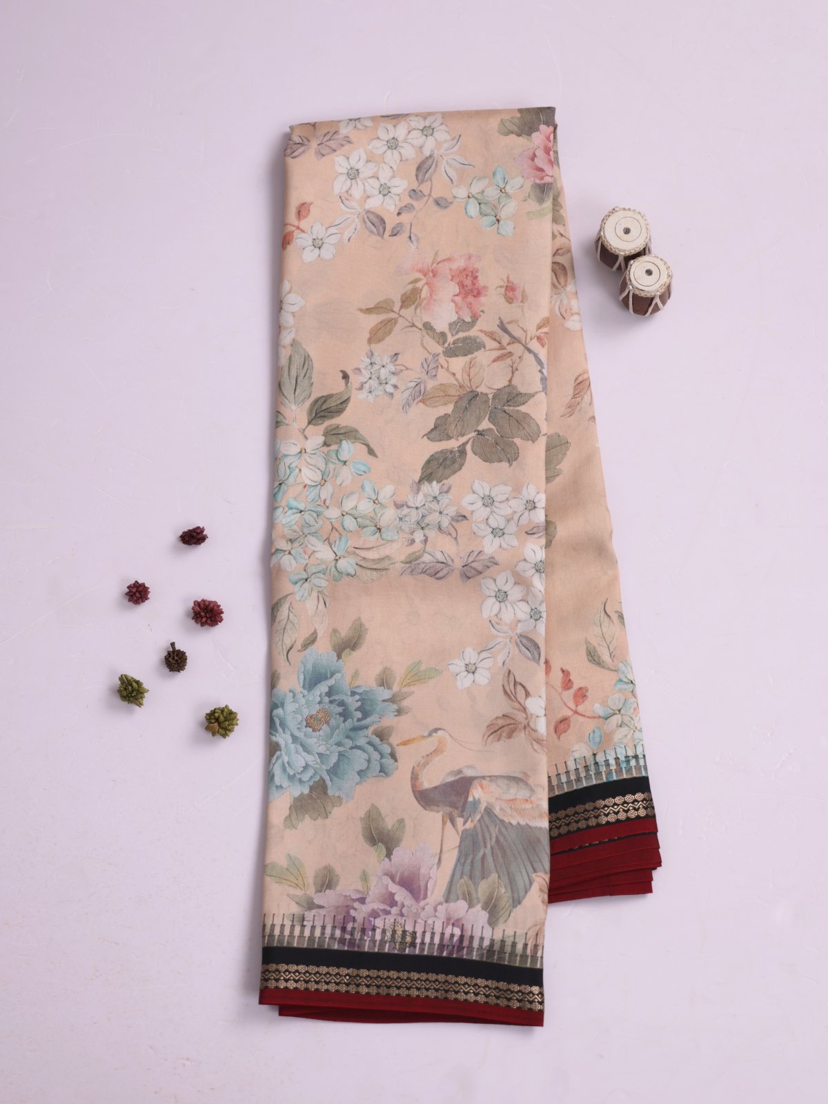 Light Peach Printed Kanjeevaram Silk Saree With Black Border 