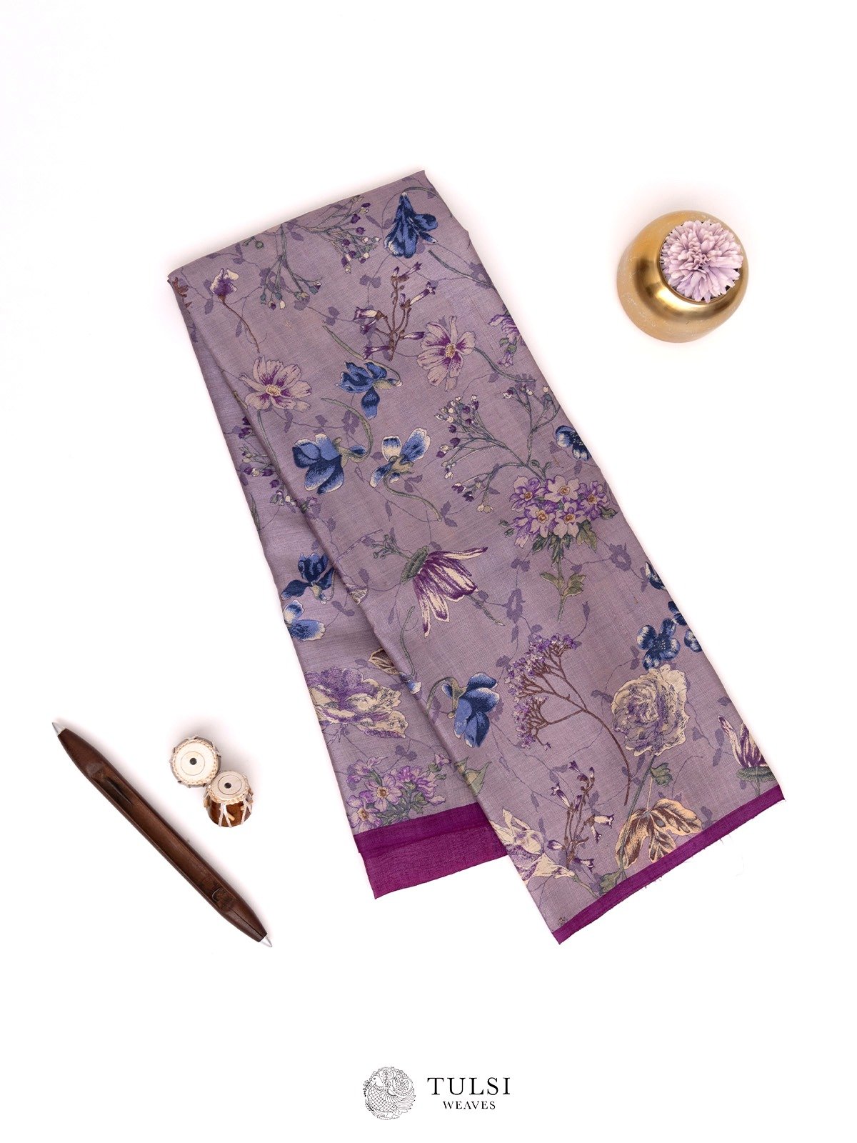 Lilac Printed Tussar Silk Saree