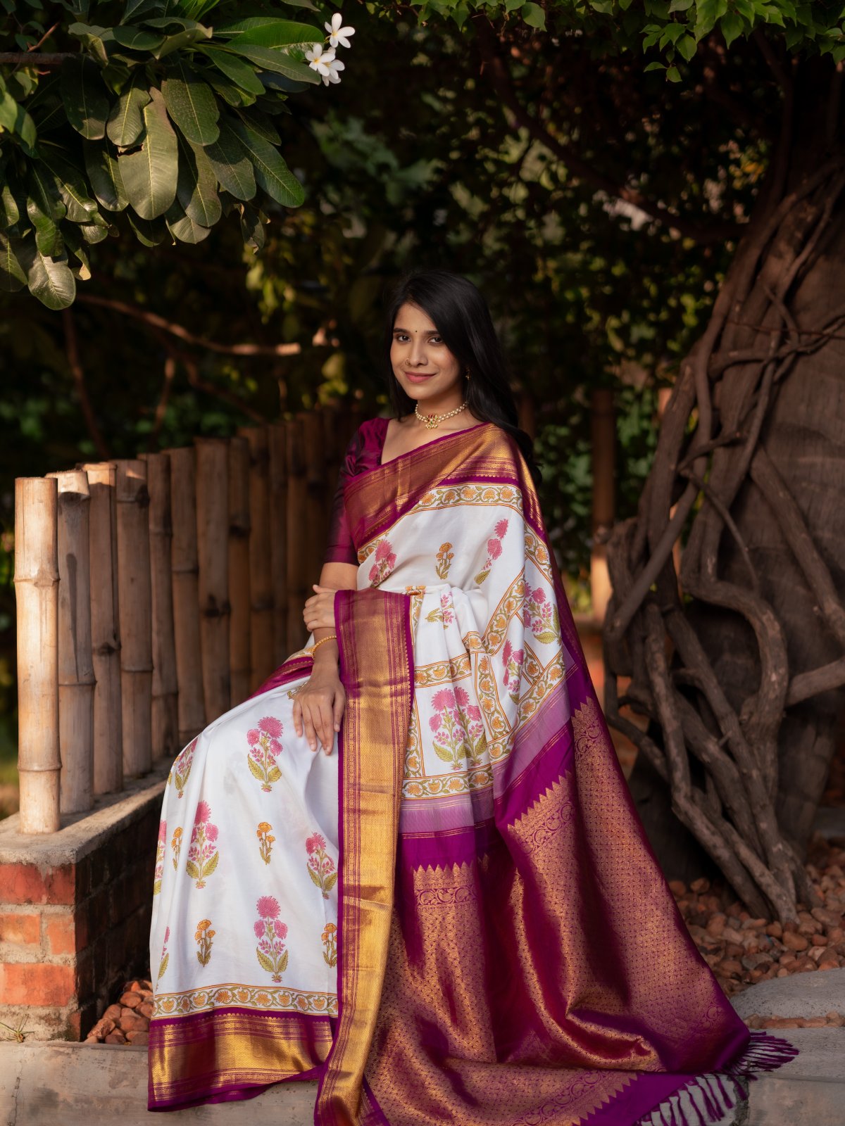 Floral Blockprint Kanjeevaram Silk Saree With Purple-Pink Zari Border