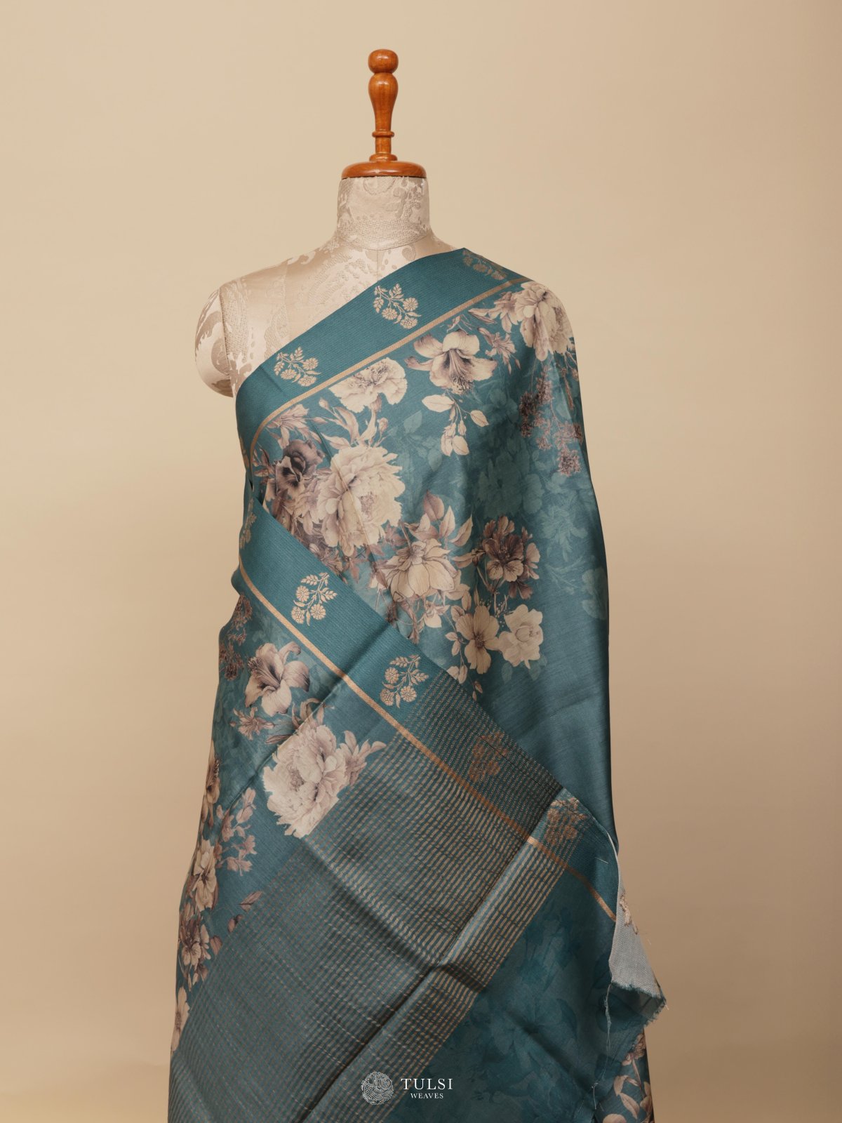 Blue Printed Tussar Silk Saree