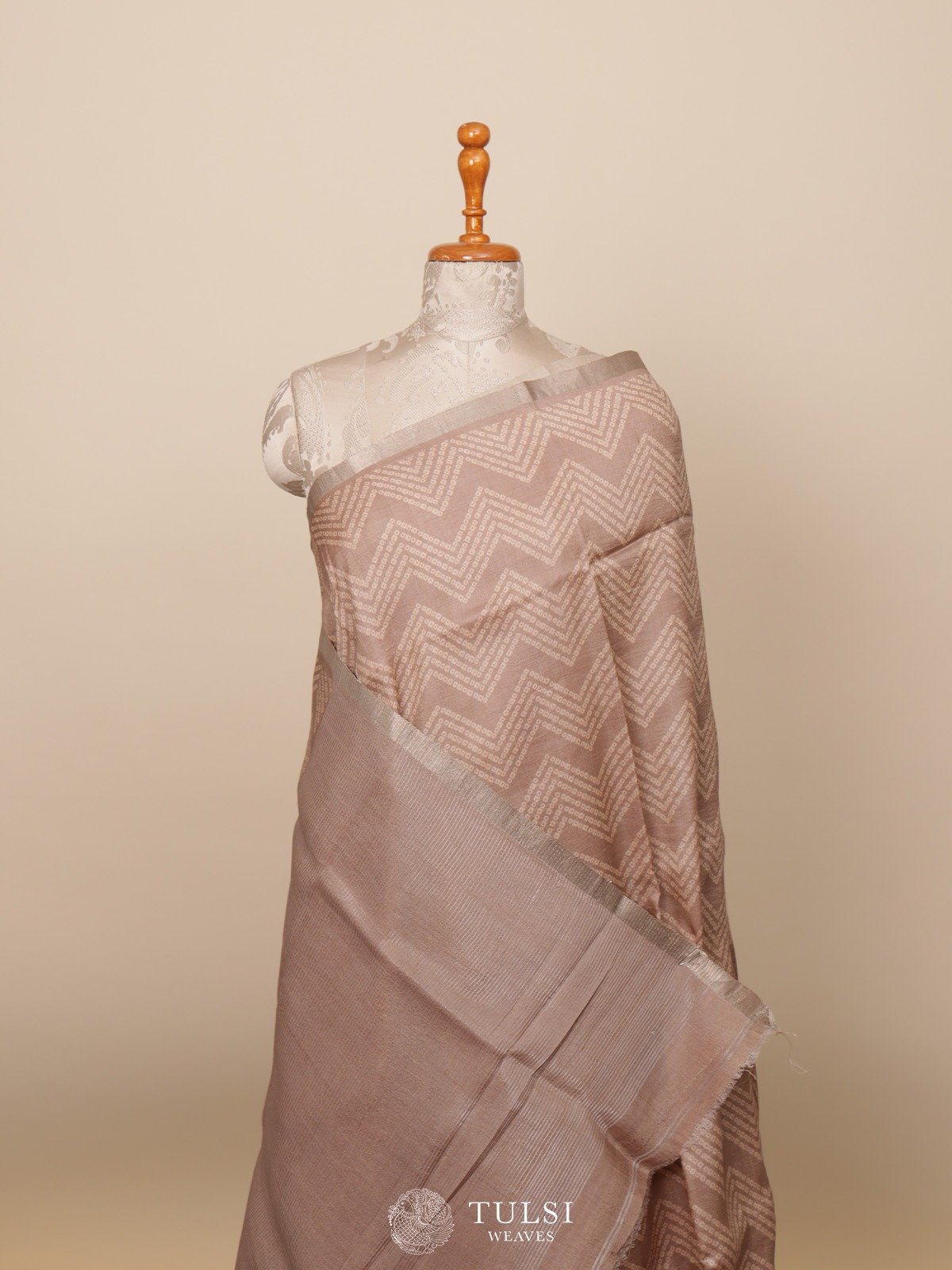 Light Brown Tussar Silk Saree with Bandhini Print