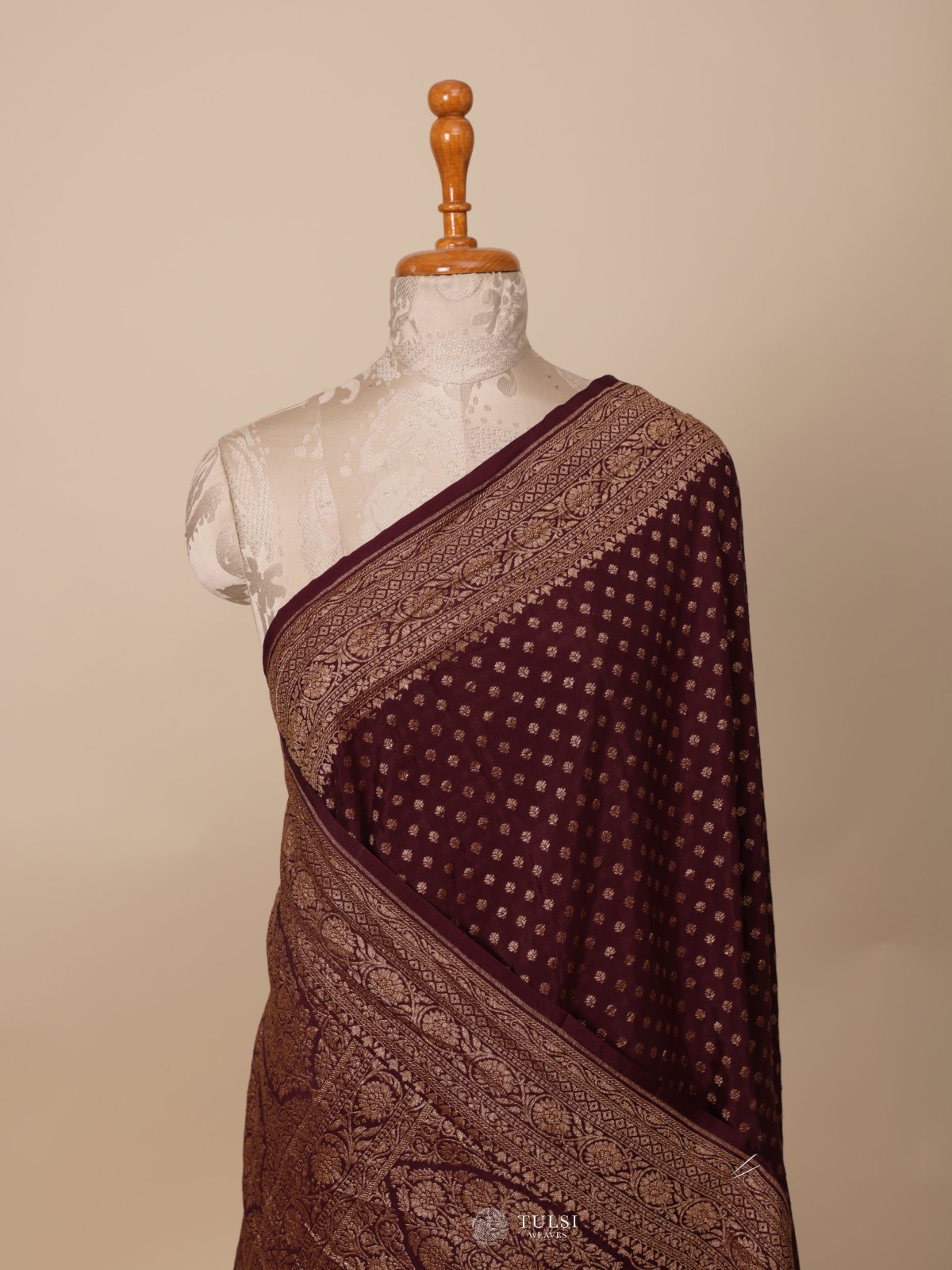 Dark Maroon Banaras Crepe Silk Saree