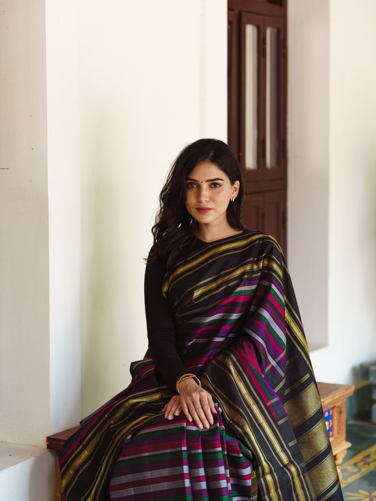 Striped Multicolour Kanjeevaram Silk Saree With Black Border