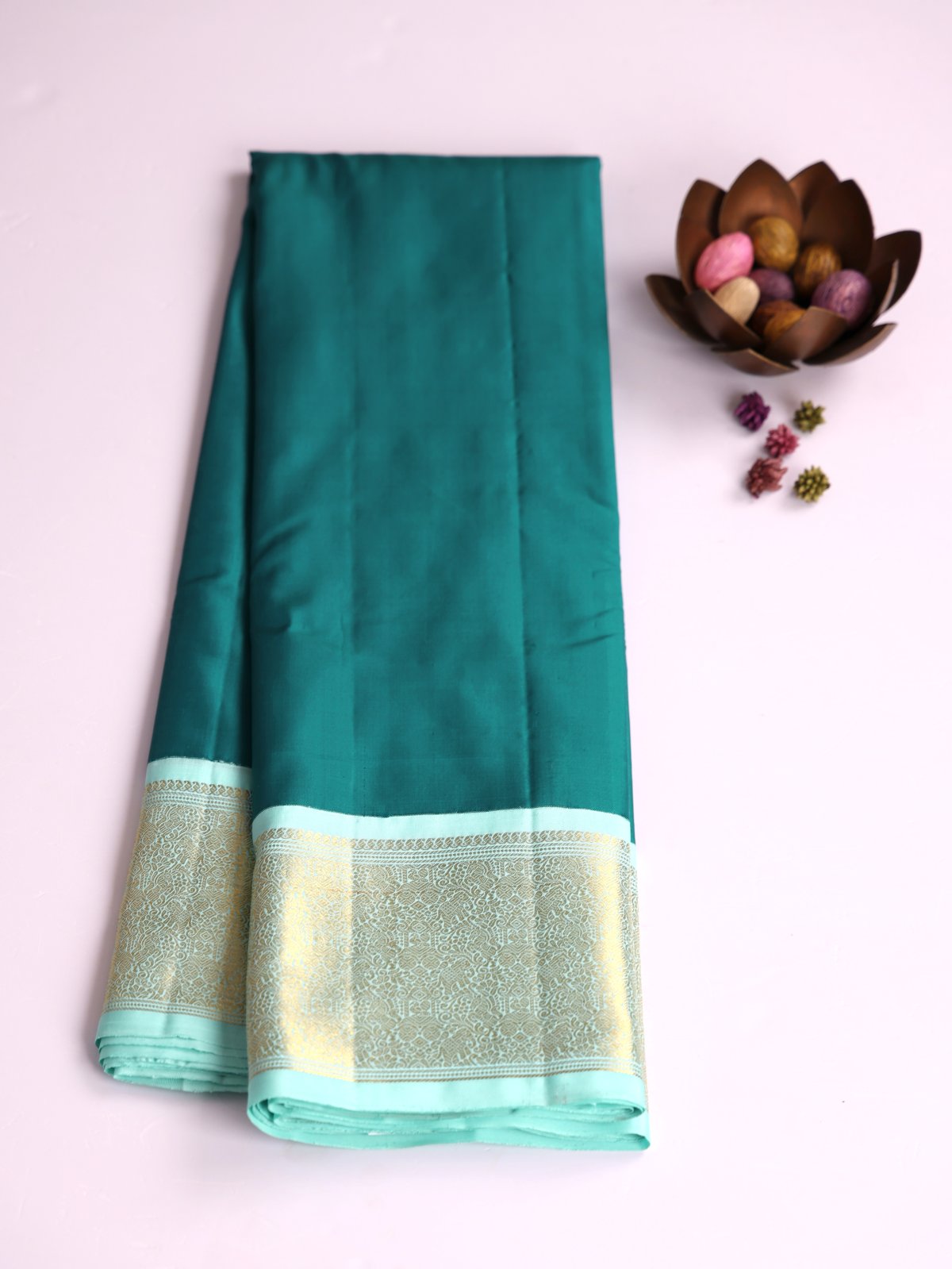 Peacock Green Kanjeevaram Silk Saree With Light Blue Zari Border