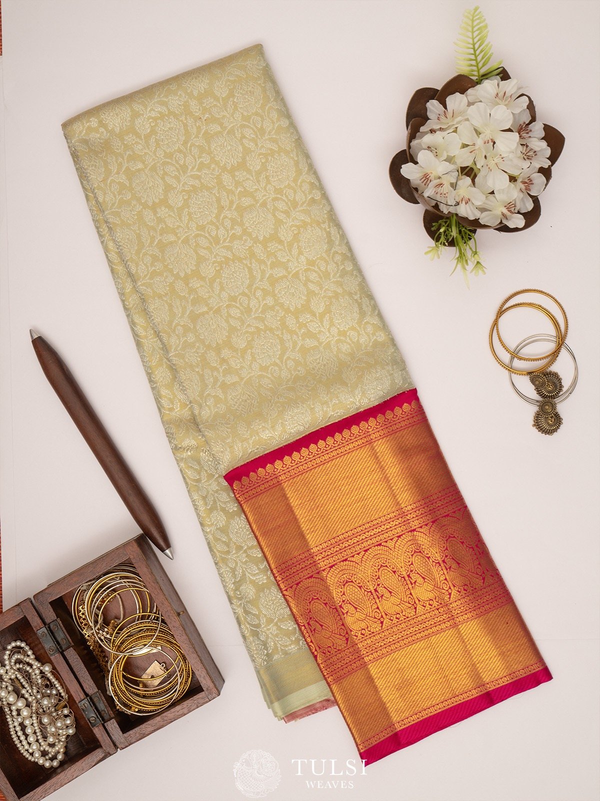 Beige Kanchipuram Tissue Silk Pavadai 