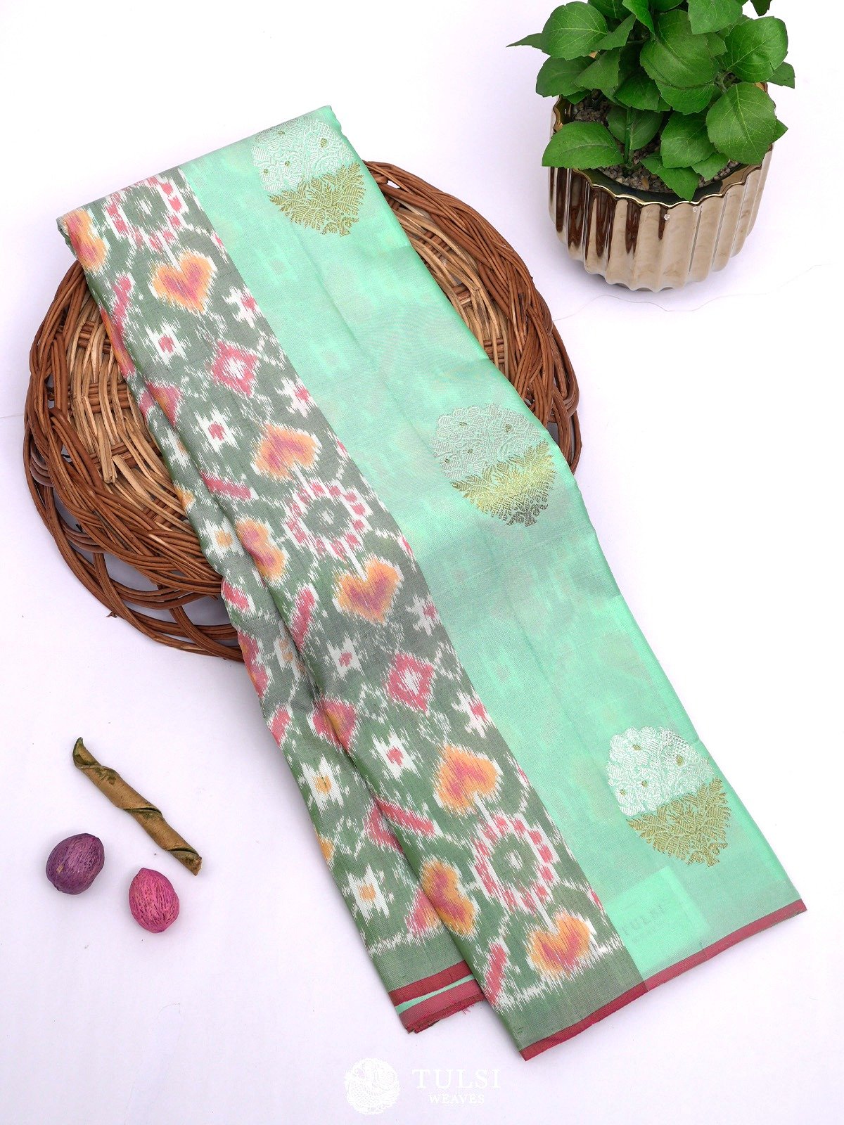 Light Green Kanjeevaram Ikat Silk Saree