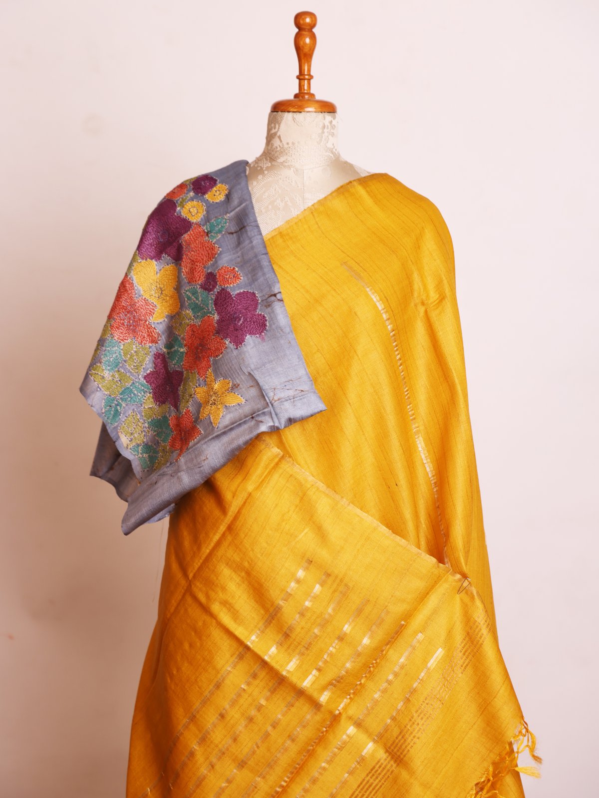 Mustard Yellow Tussar Silk Saree With Embroidered Blouse