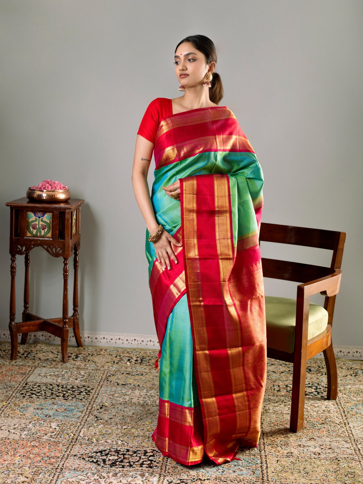 Peacock Green Kanjeevaram Silk Saree with Contrast Border 