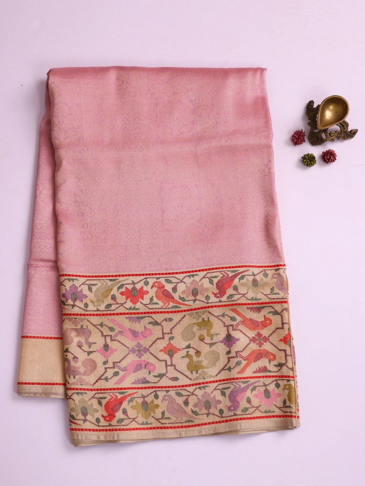Pastel Pink Banaras Silk Saree With Beige Zari Border