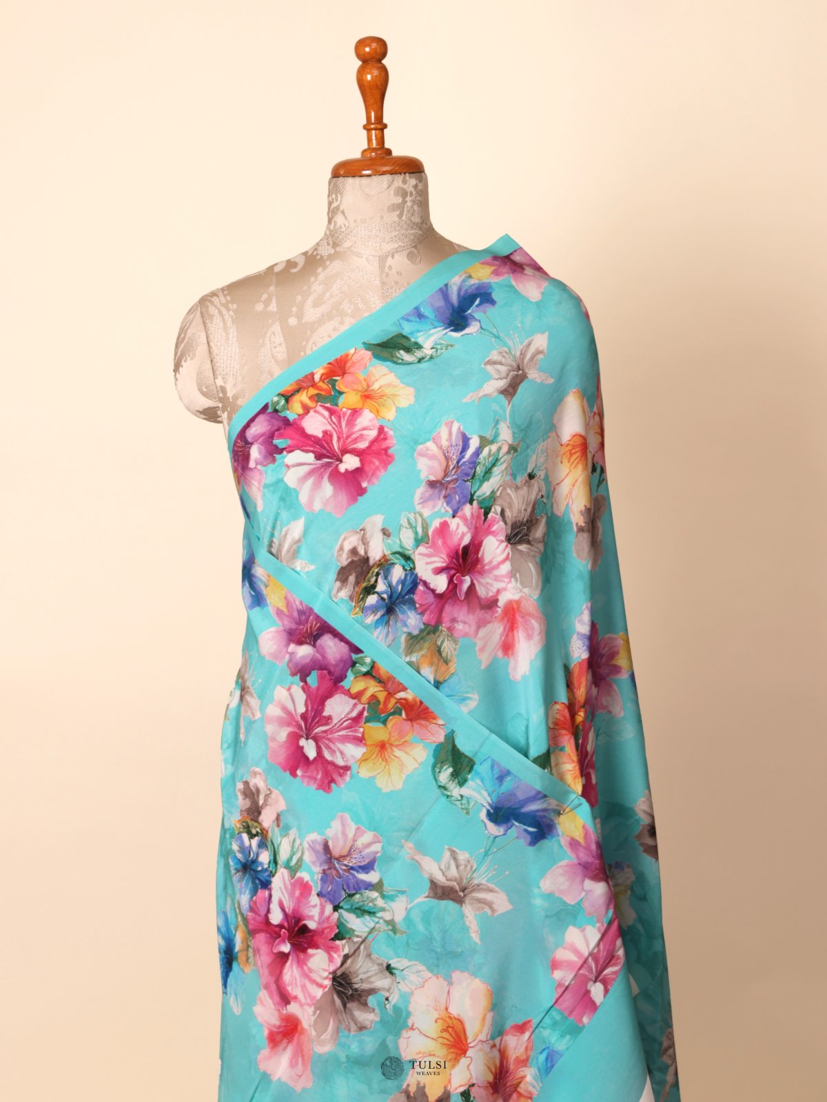 Blue Floral Printed Crepe Silk Saree