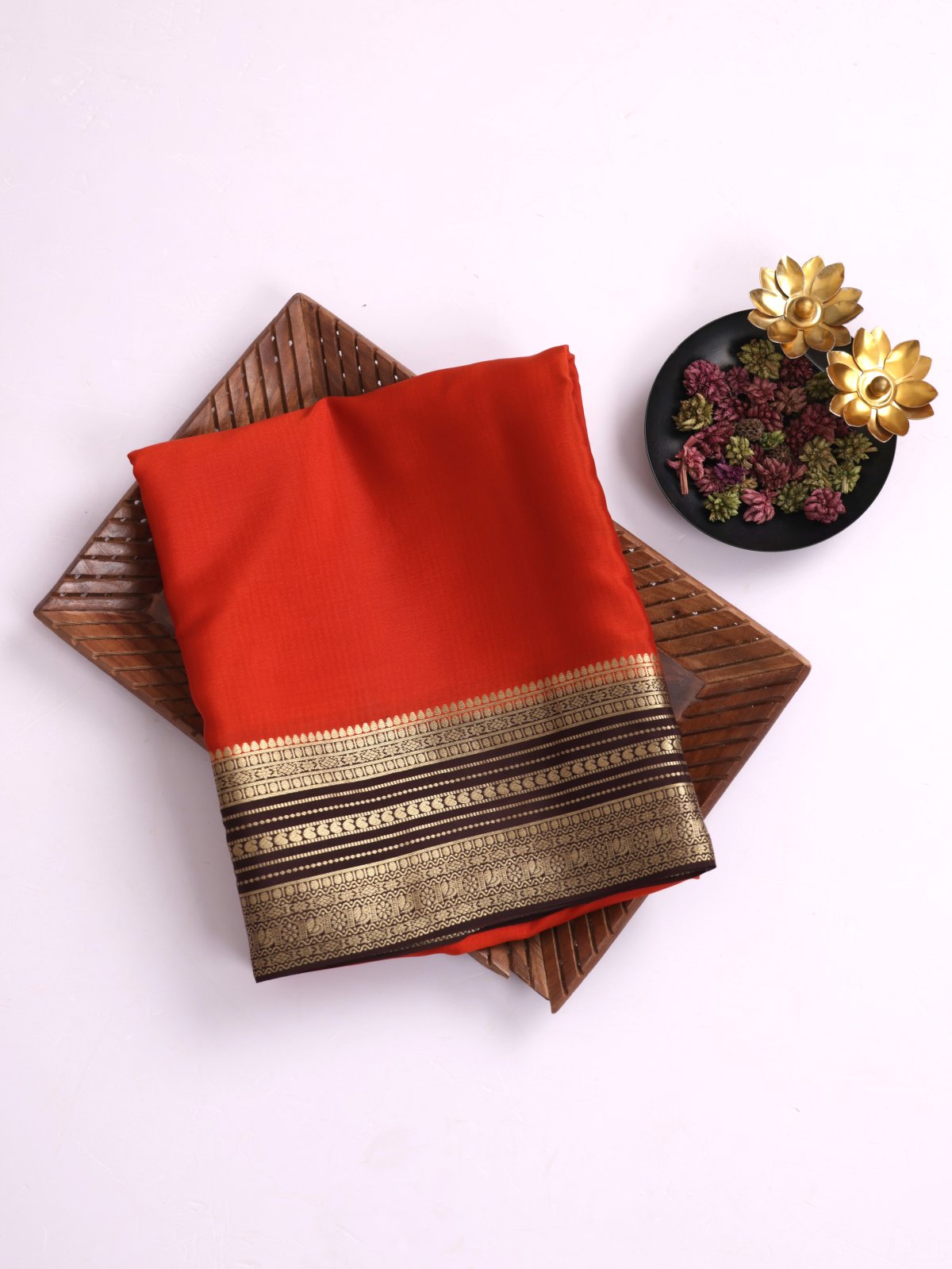Rust Orange Mysore Crepe Silk Saree With Brown Zari Border