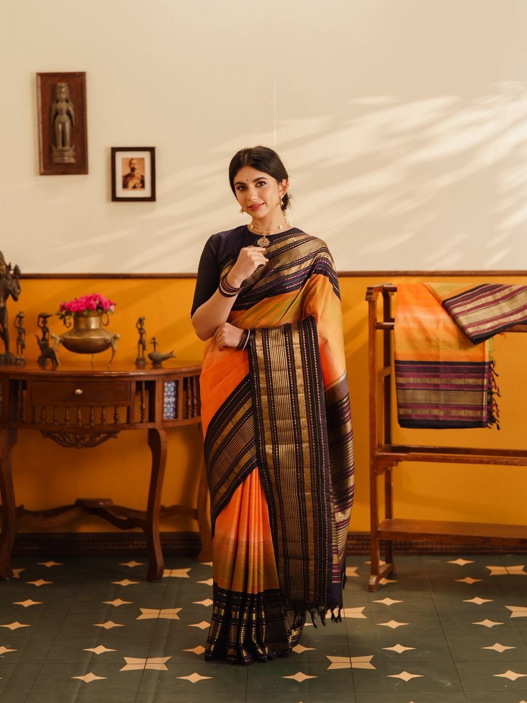 Multi Color Stripes Kanjeevaram Silk Saree With Dark Blue Border 