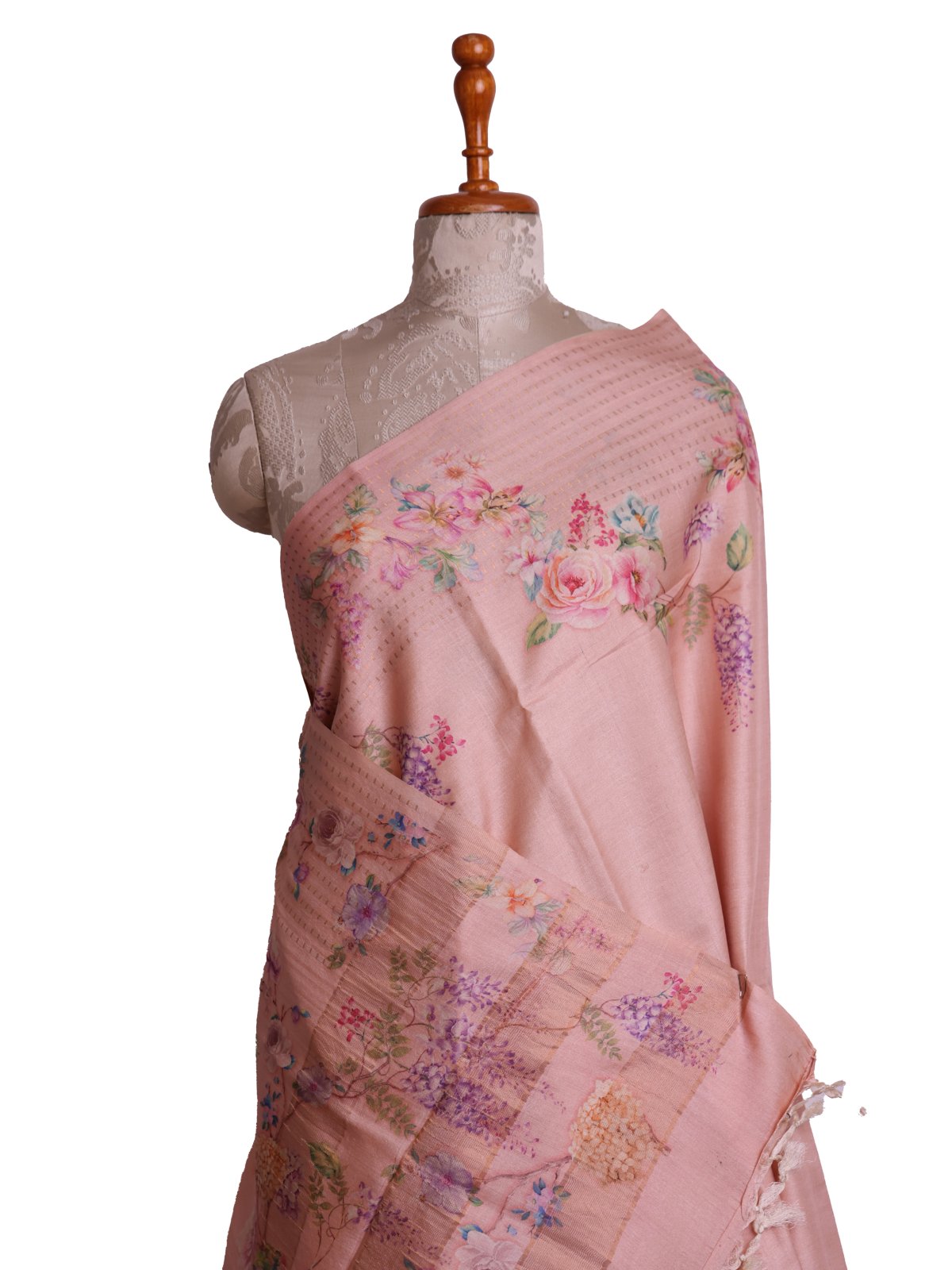Peach Printed Tussar Silk Saree