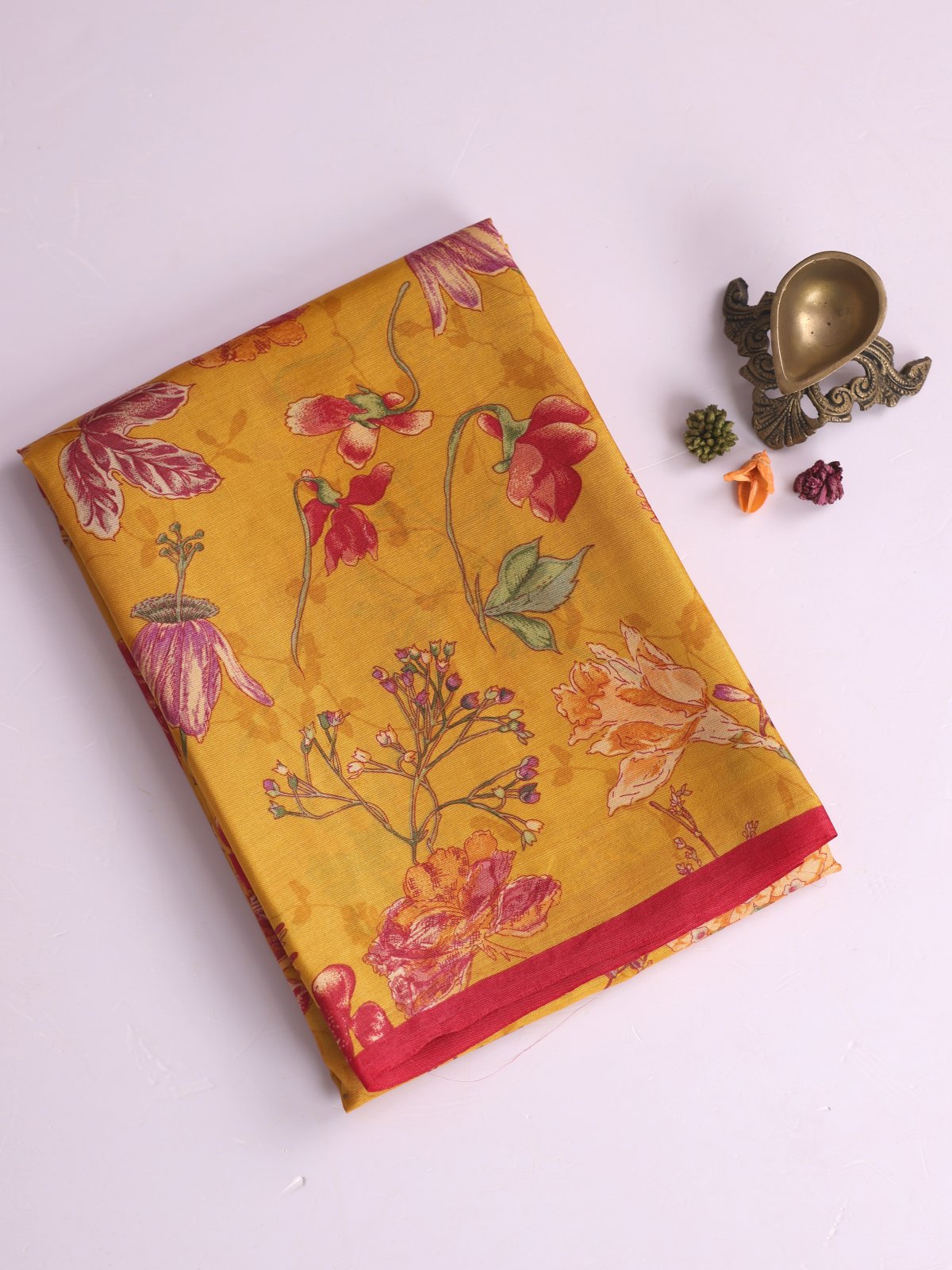 Yellow Printed Tussar Silk Saree