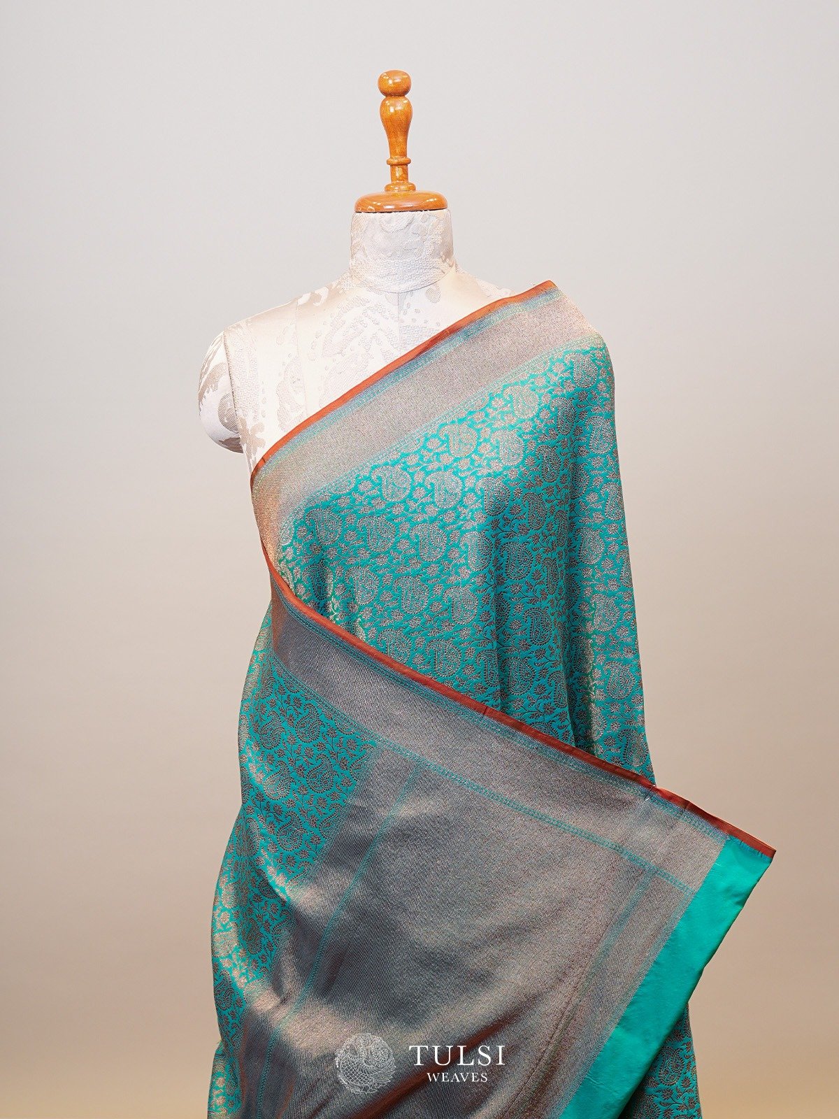 Teal Green Banarasi Silk Saree with Self Zari Border