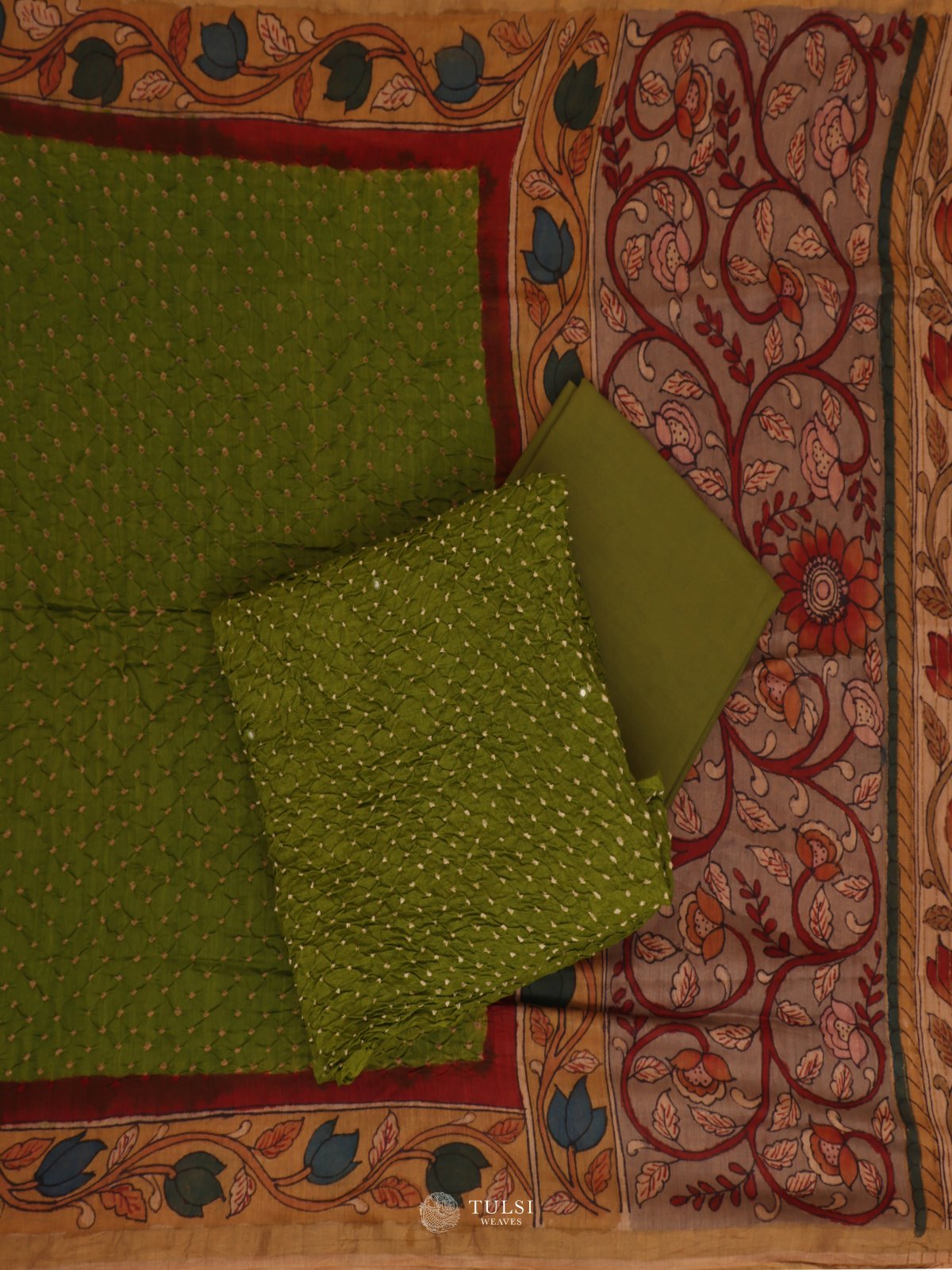 Light Green Bandhini Salwar Material with Kalamkari Dupatta