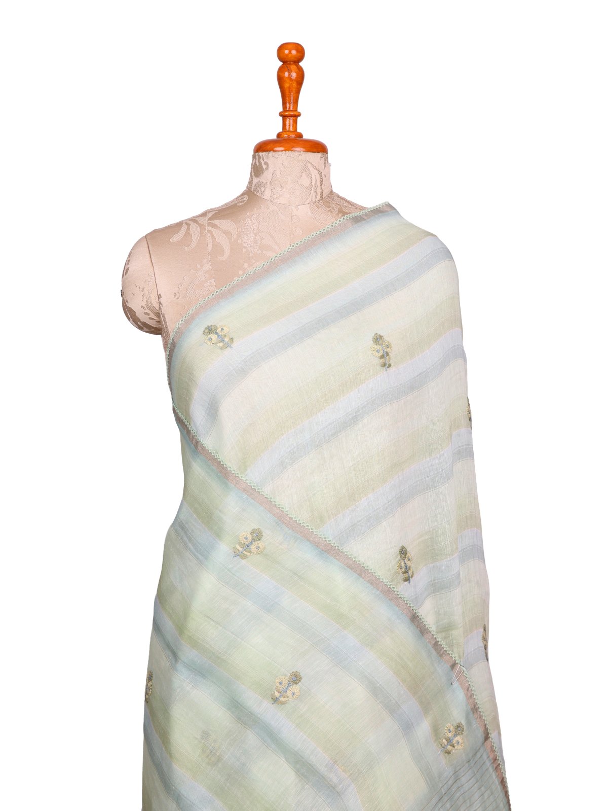 Green Striped Linen Saree with Embroidery