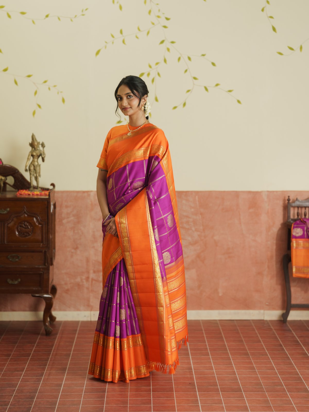 Vintage 86 - Purple Zari Checked Kanjeevaram Silk Saree With Orange Border