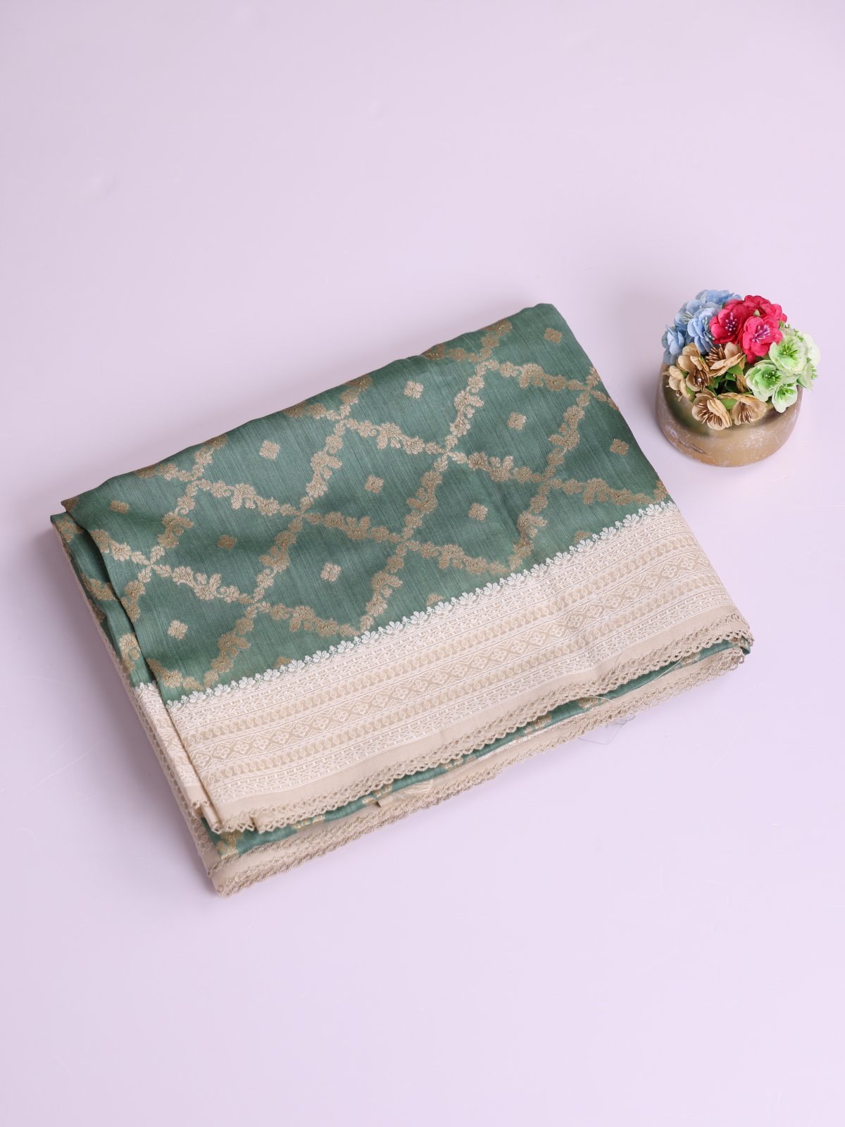 Sage Green Munga Tussar Silk Saree With Beige Embroidery Border