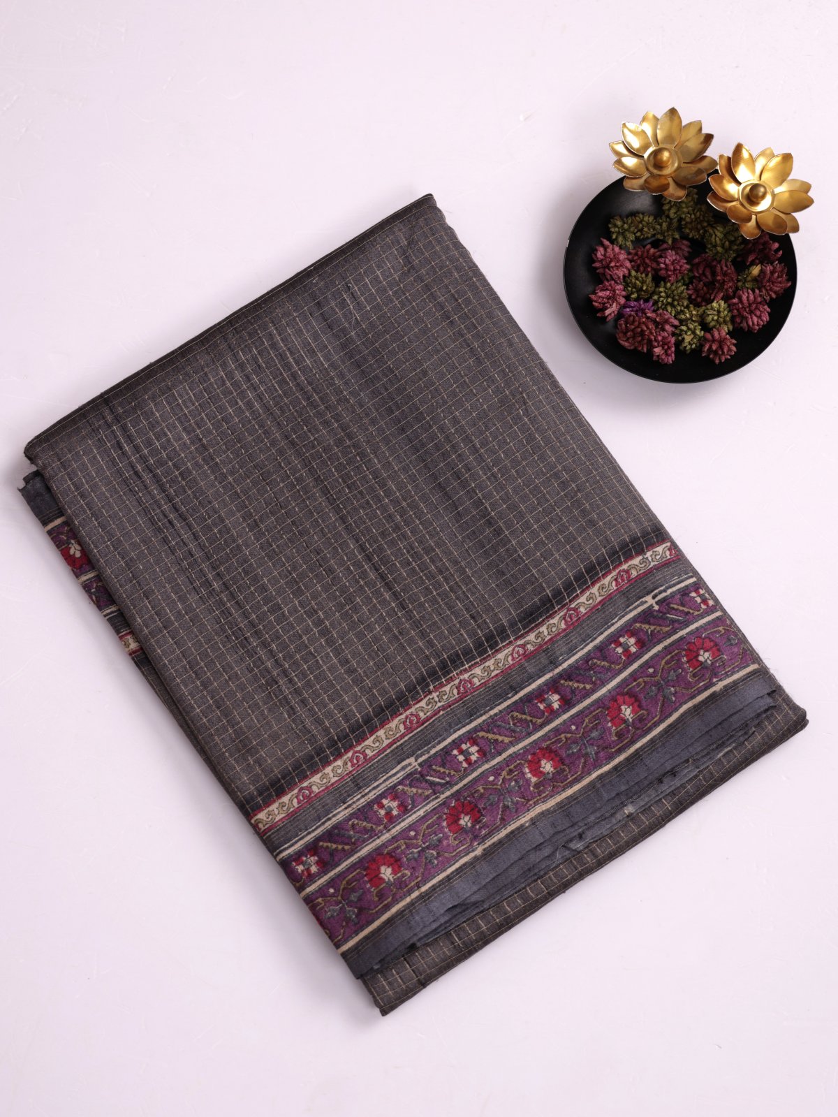 Dark Grey Zari Checked Printed Tussar Silk Saree 