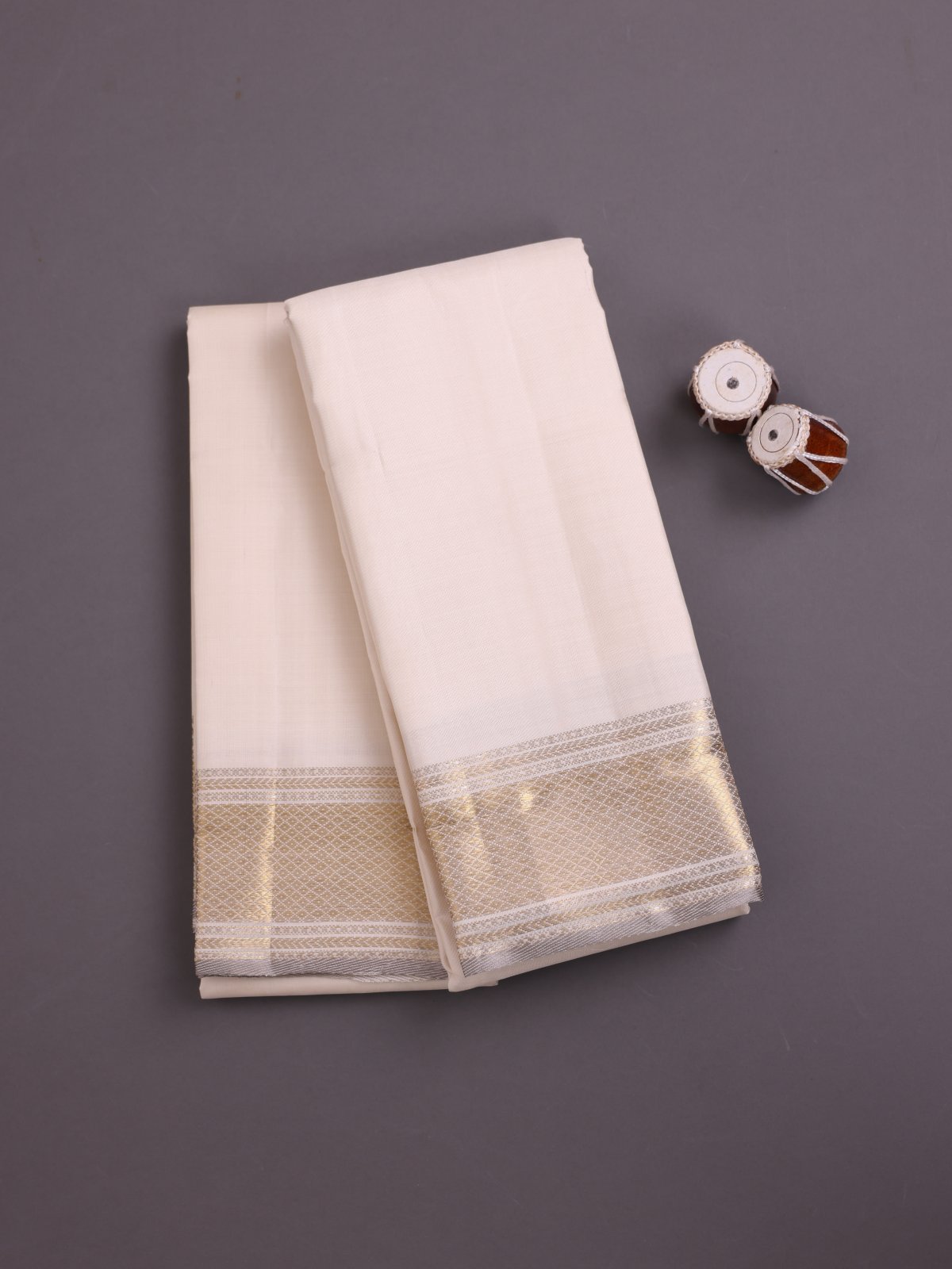 Cream Silk Dhoti And Vastram with Zari Border and Grey Selvedge