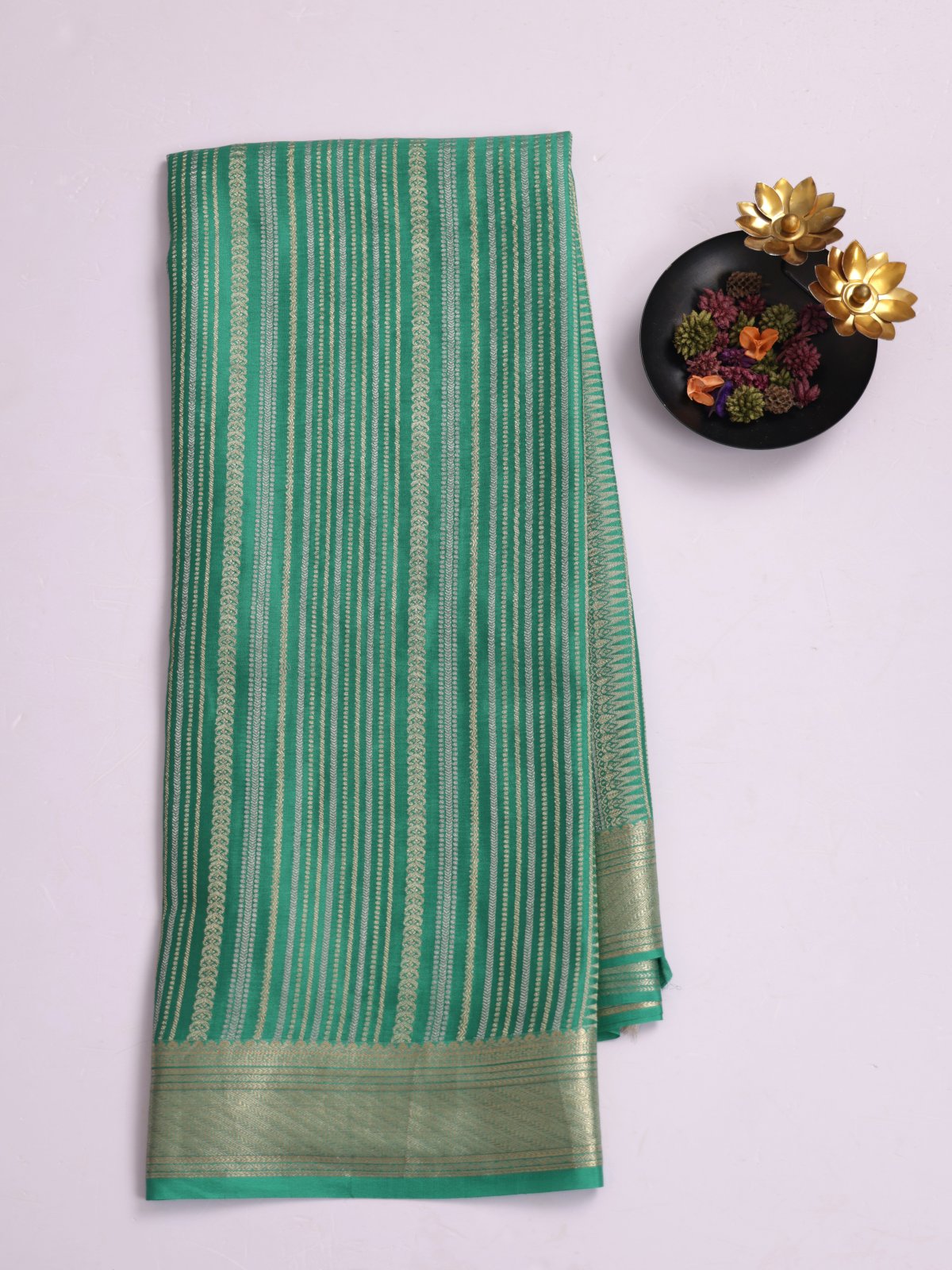 Turquoise Green Zari Striped Mysore Crepe Silk Saree With Zari Border