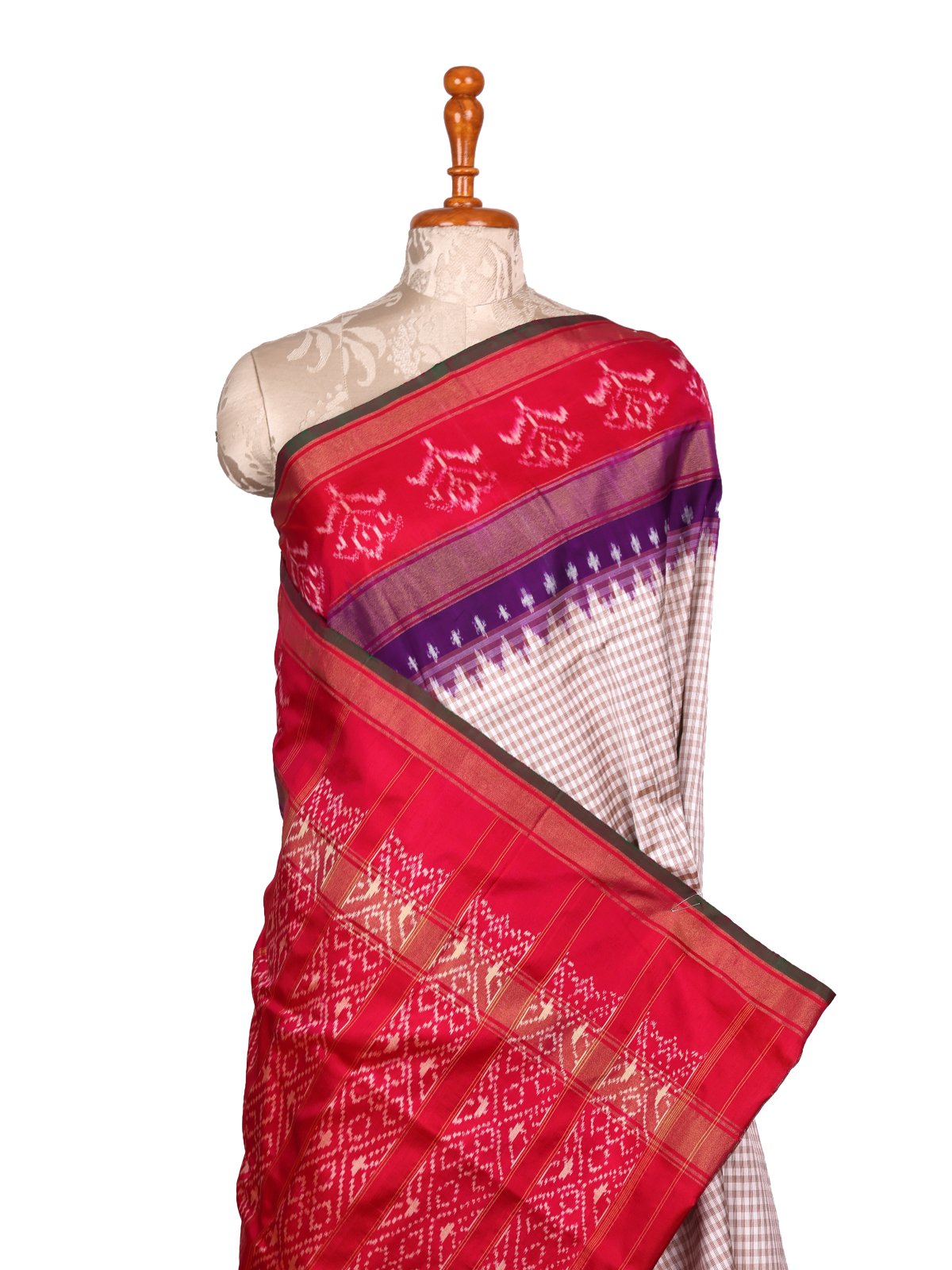 Off-White And Brown Checked Ikat Silk Saree with Reddish Pink Border