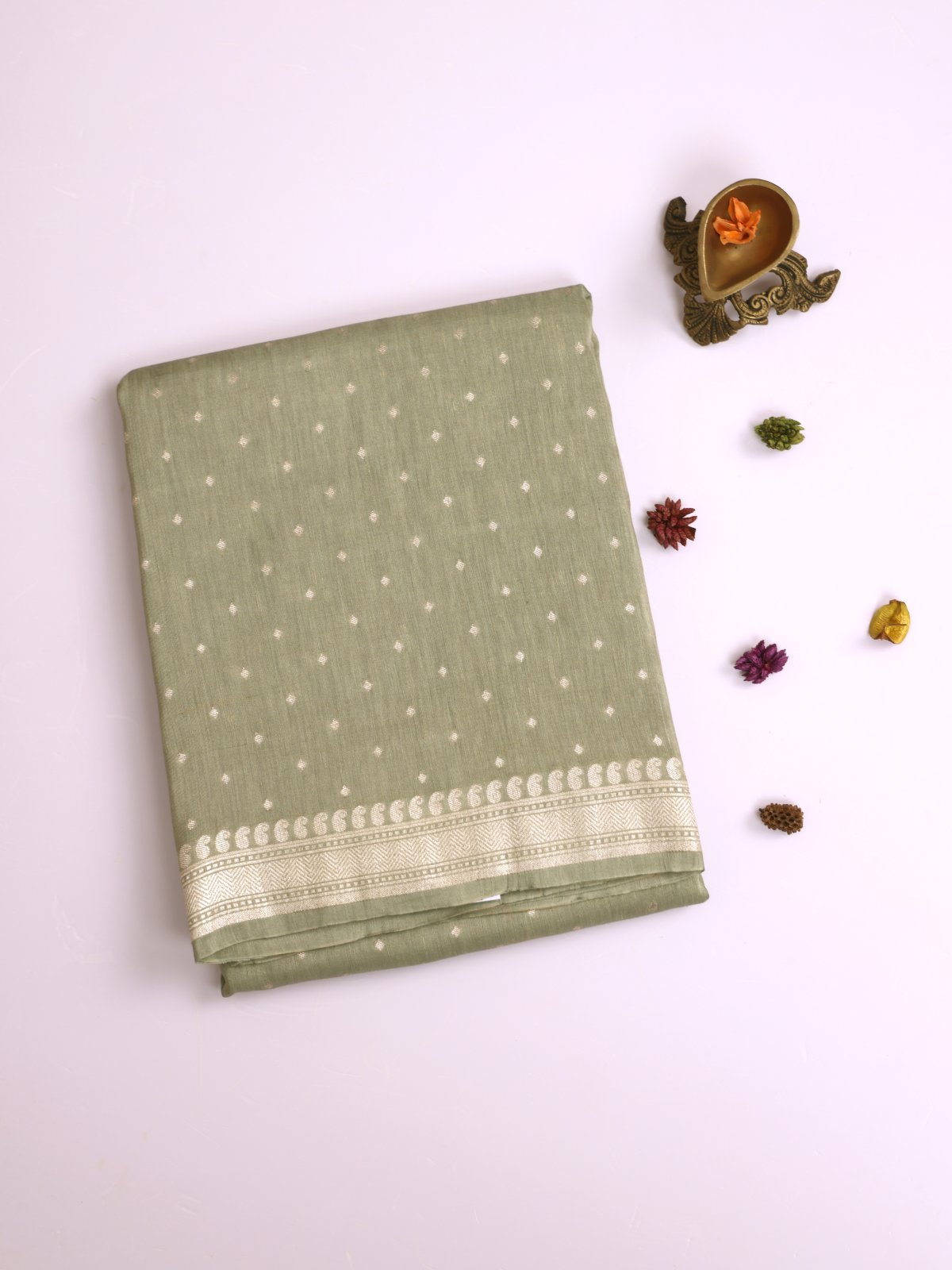 Sage Green Linen Saree With Zari Border