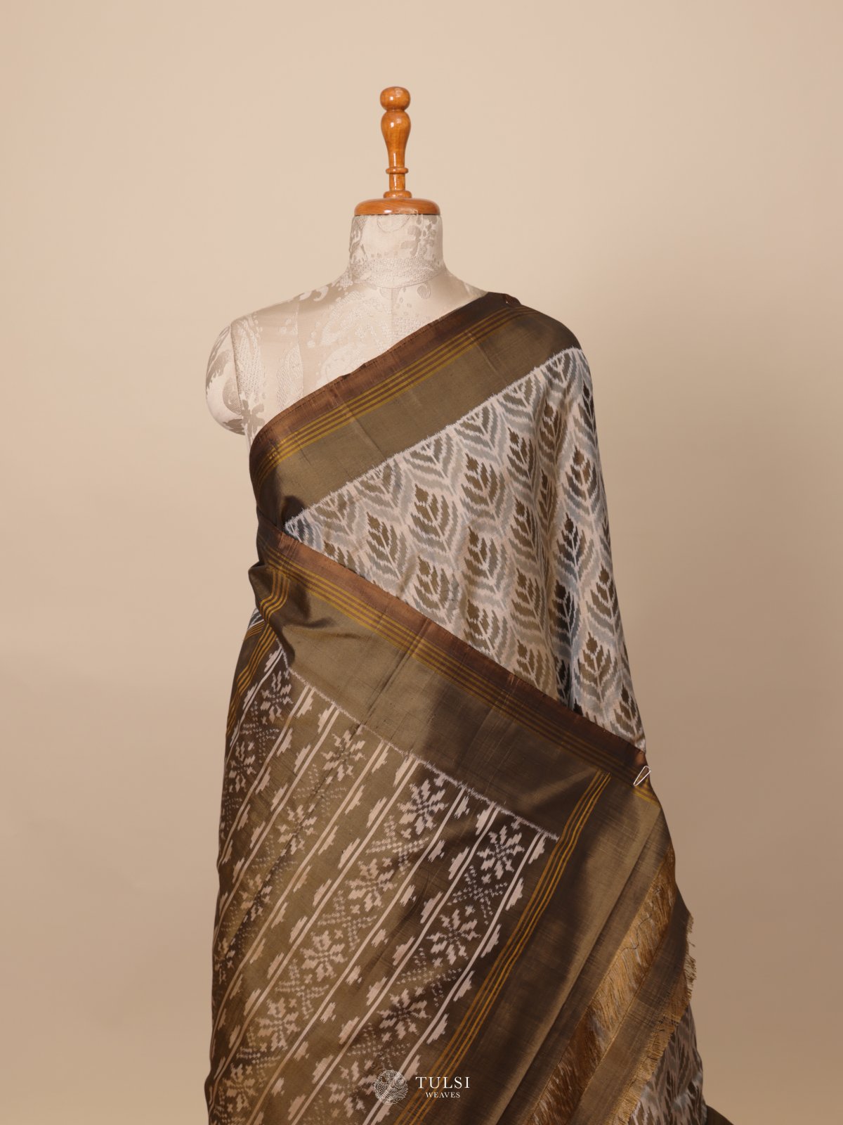 Grey Ikat Silk Saree With Brown Border