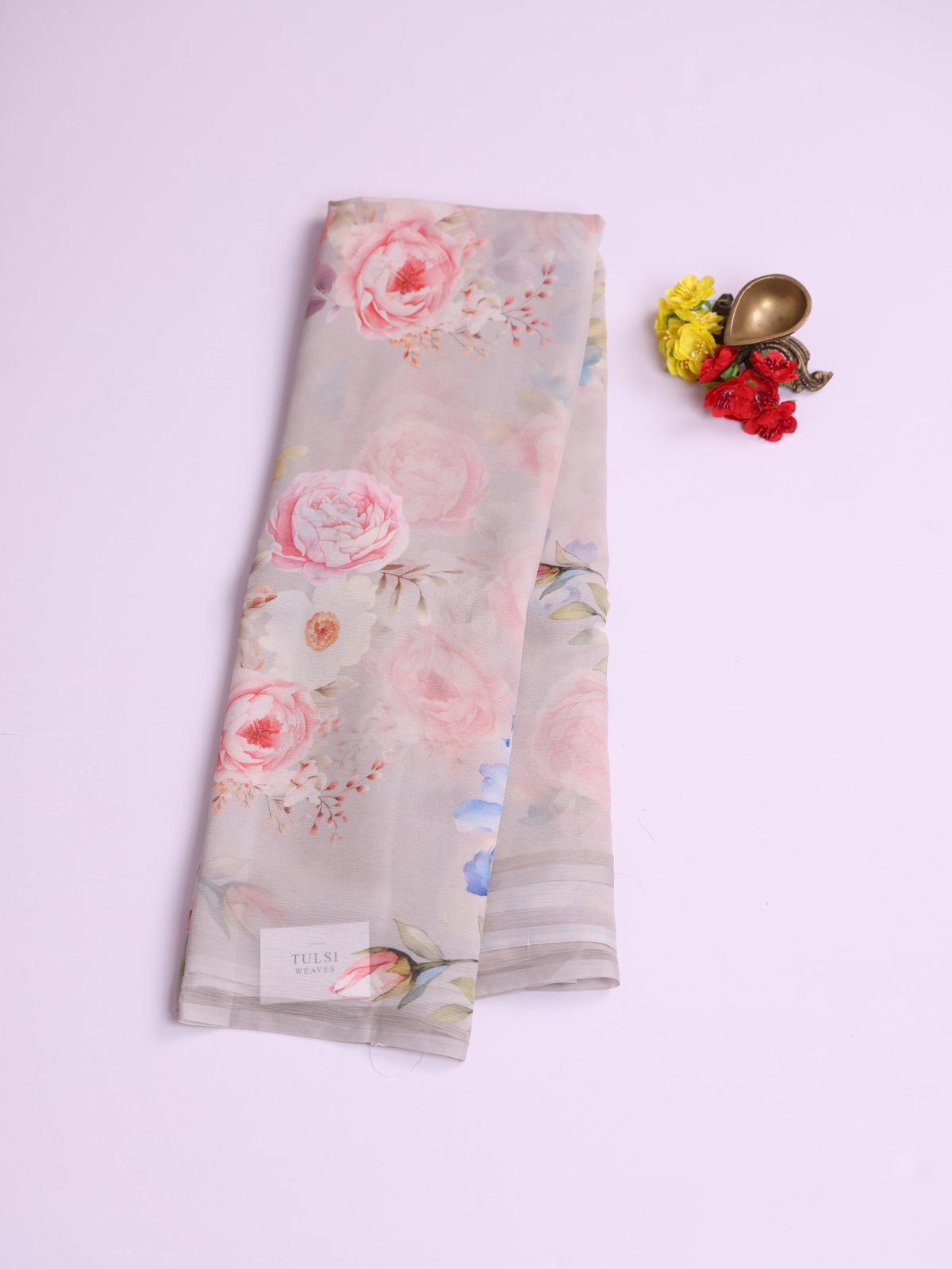 Light Gray Floral Printed Chiffon Saree