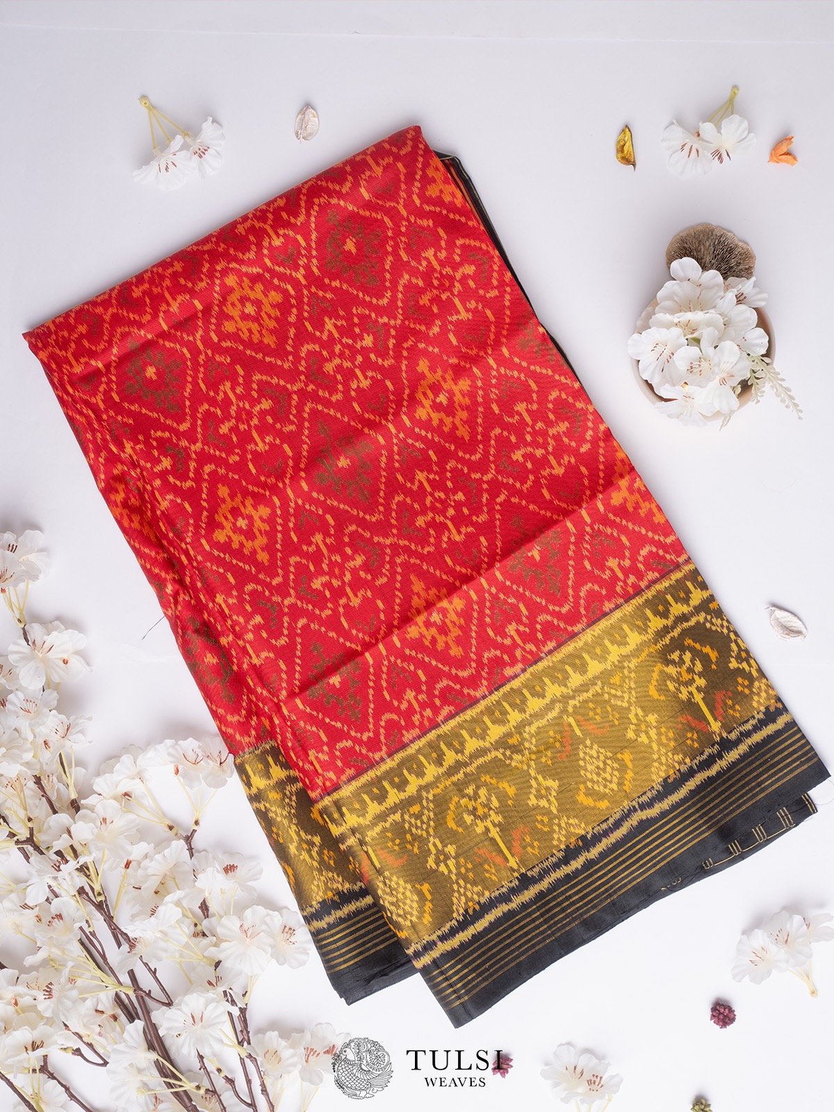 Red Patola Silk Saree with black tissue border