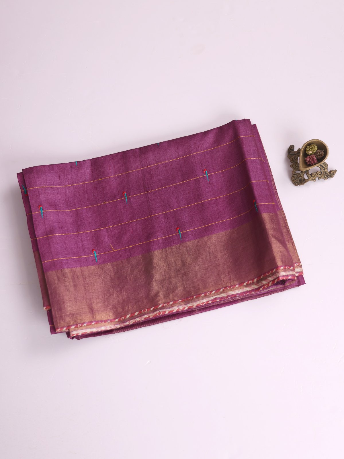 Dusty Purple Striped Embroidered Tussar Silk Saree With Zari Border