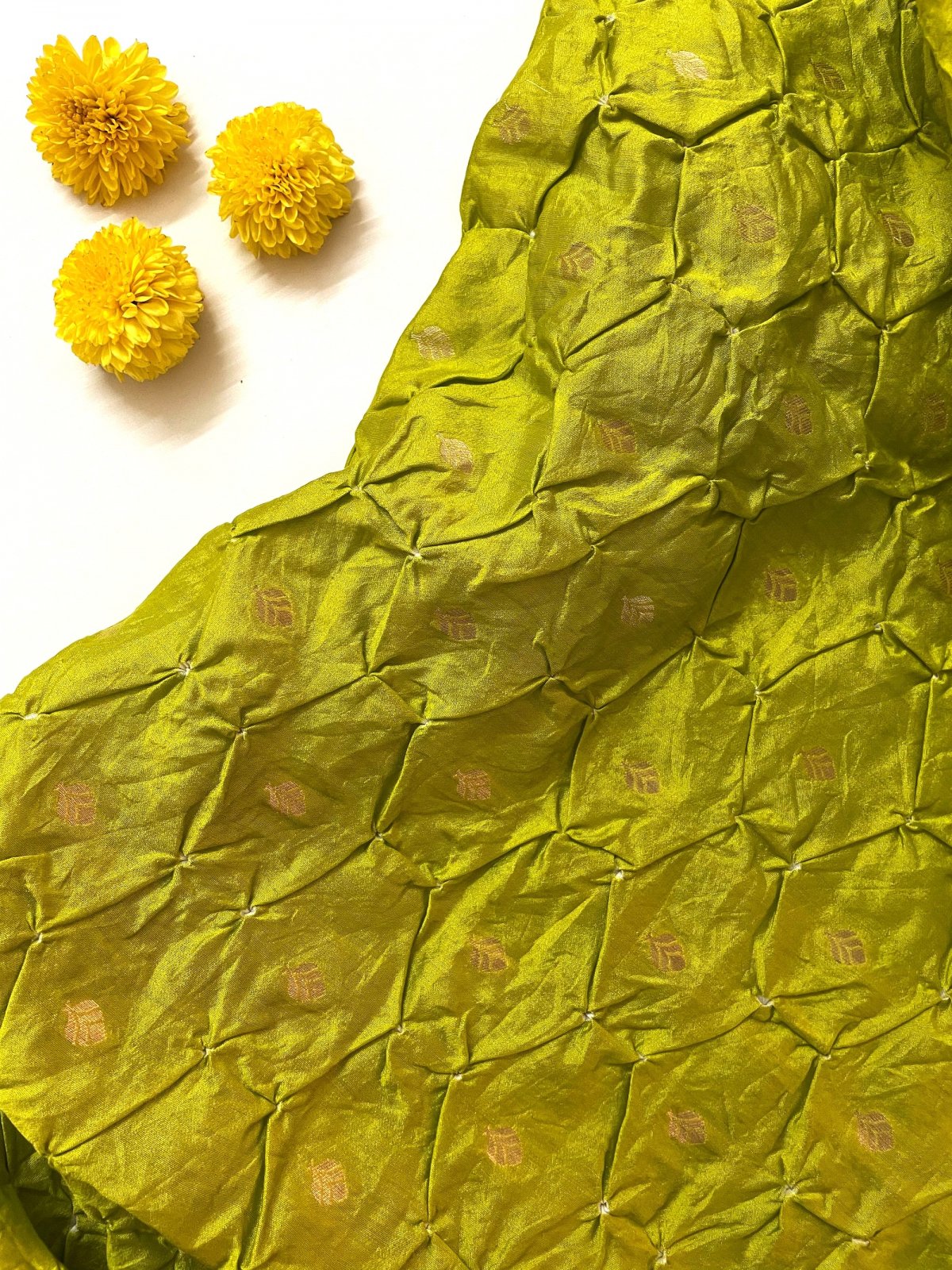 Pear Green Bandhani Silk Blouse With Gold Zari 