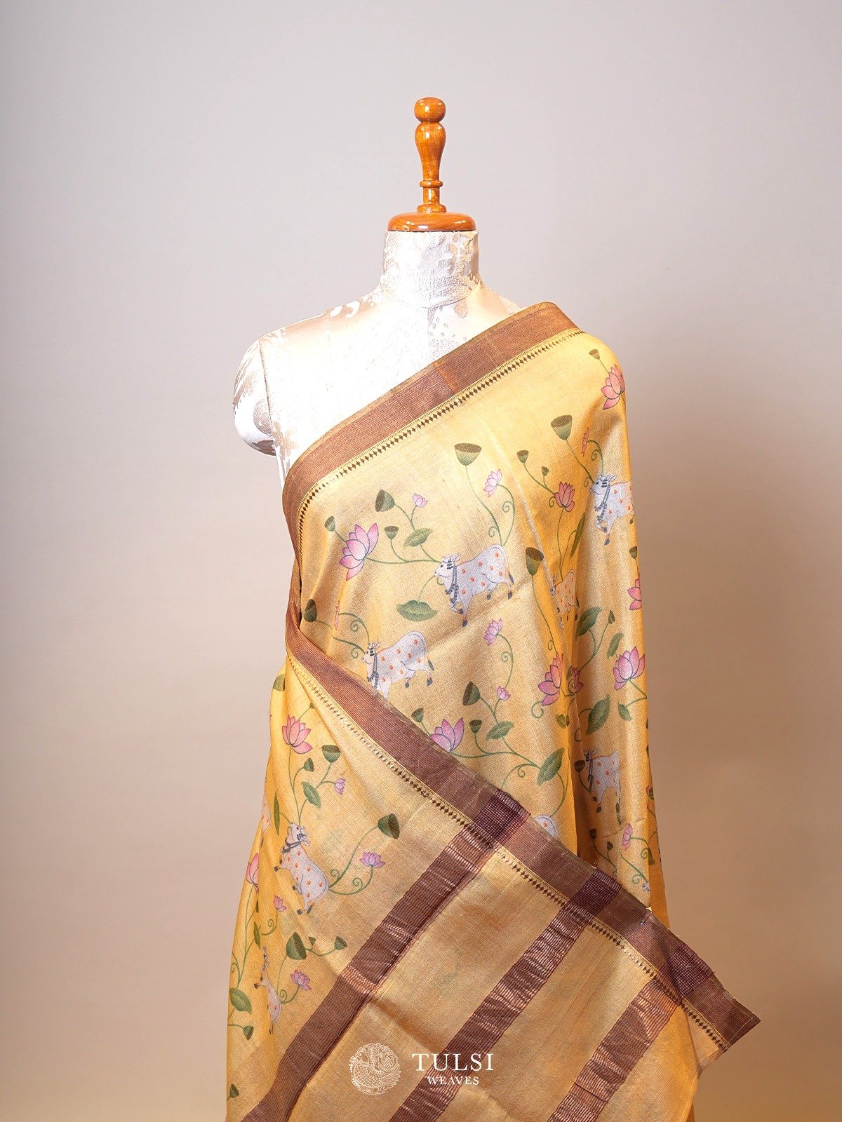 Yellow Printed Tussar Silk Saree