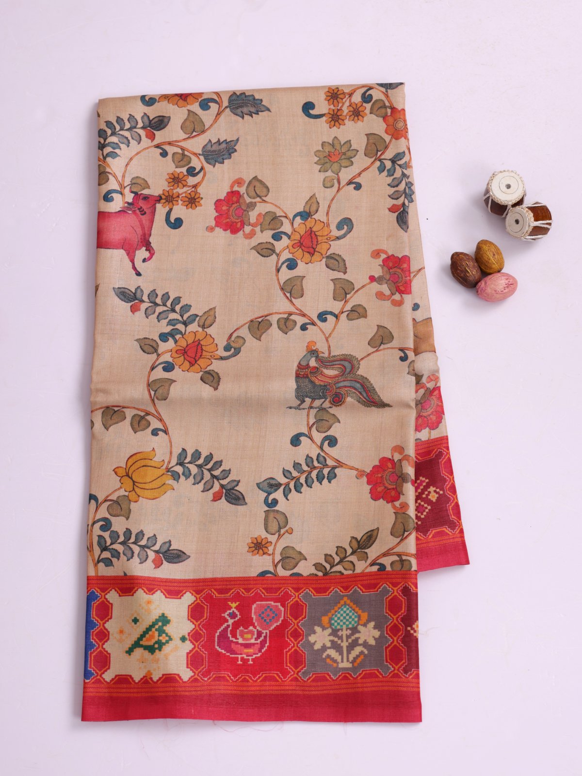 Beige Printed Tussar Silk Saree With Reddish Pink Border