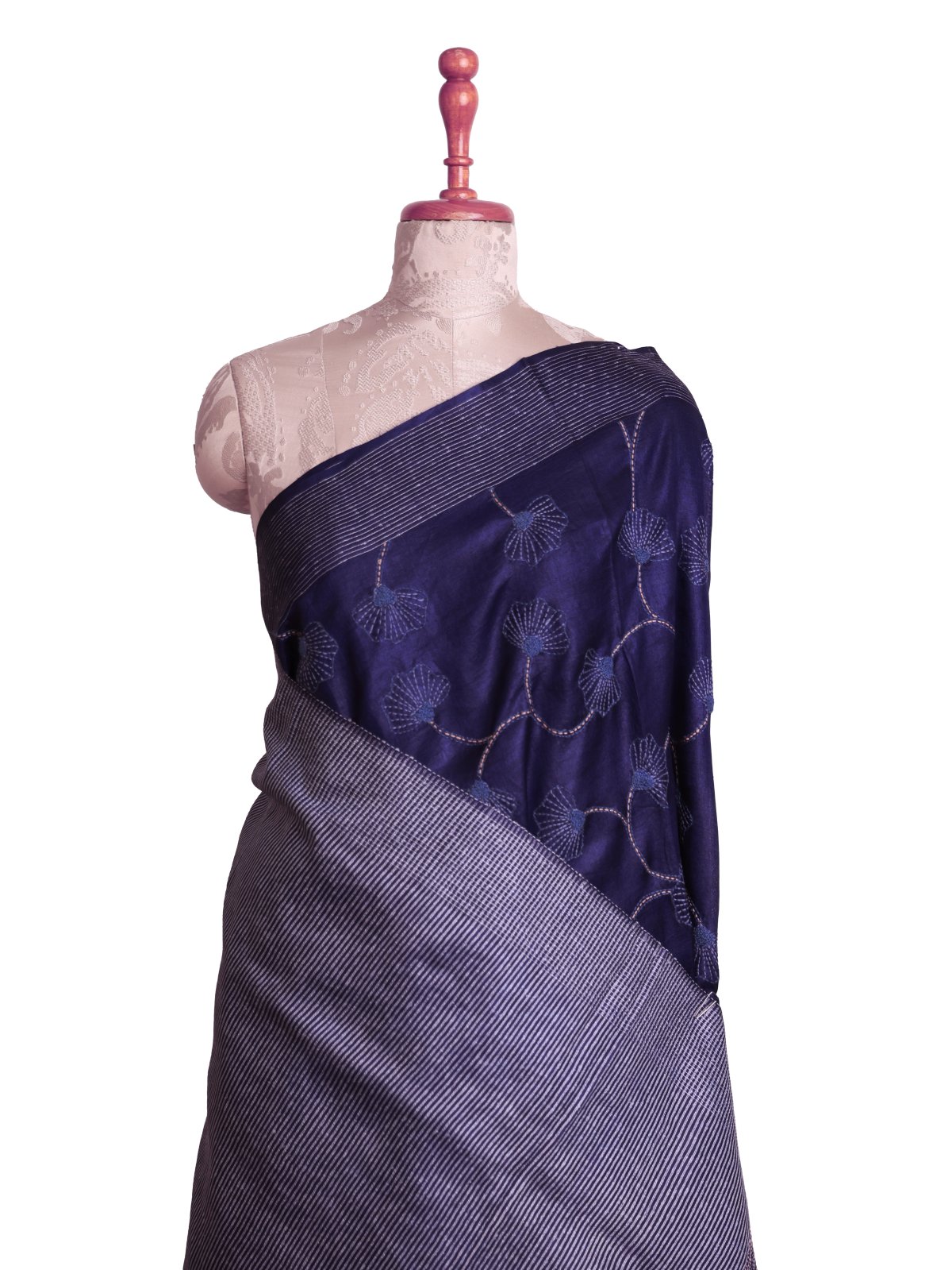 Indigo Blue Tussar Silk Saree with Kantha Embroidery