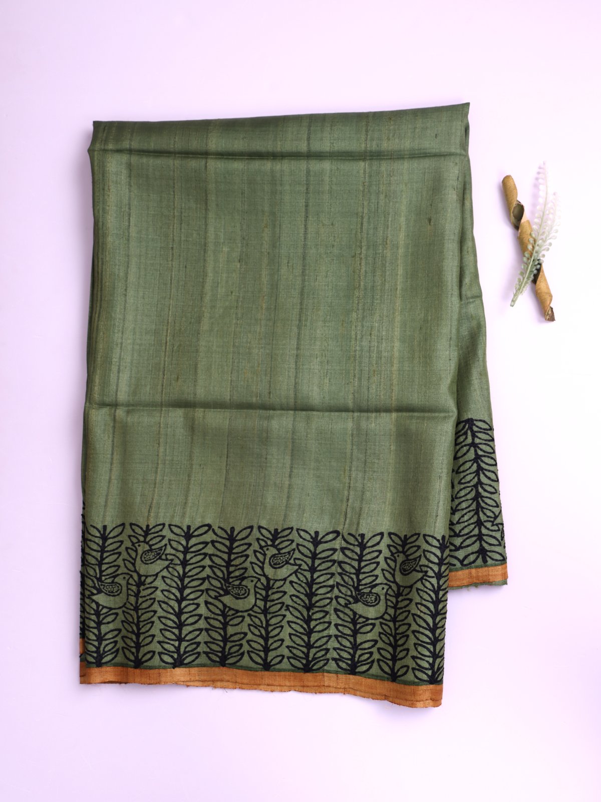Olive Green Tussar Silk Saree with Kantha Embroidery