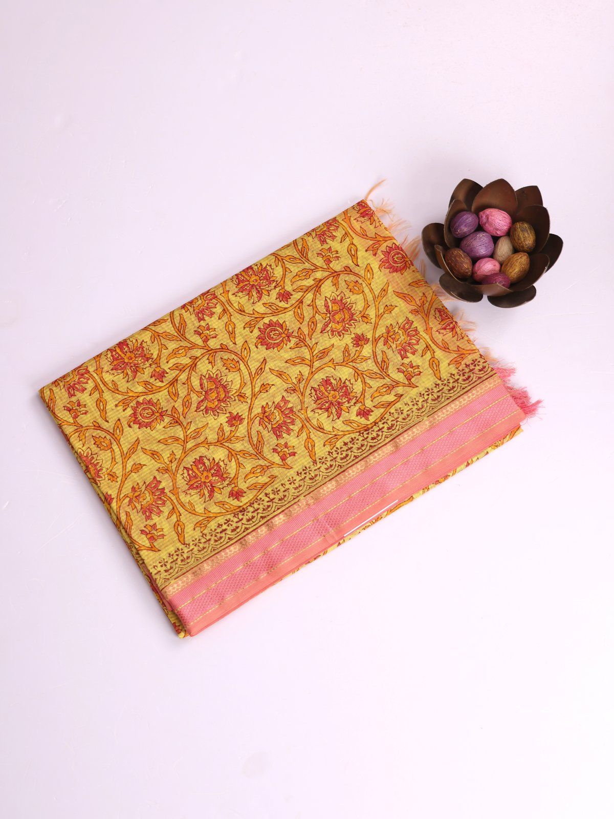 Yellow Maheshwari Cotton Saree