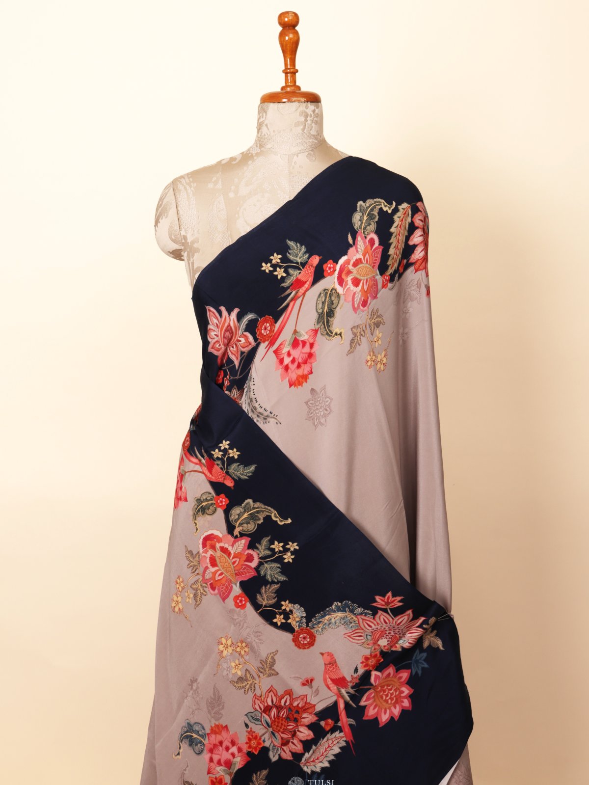 Grey Floral Printed Crepe Silk Saree