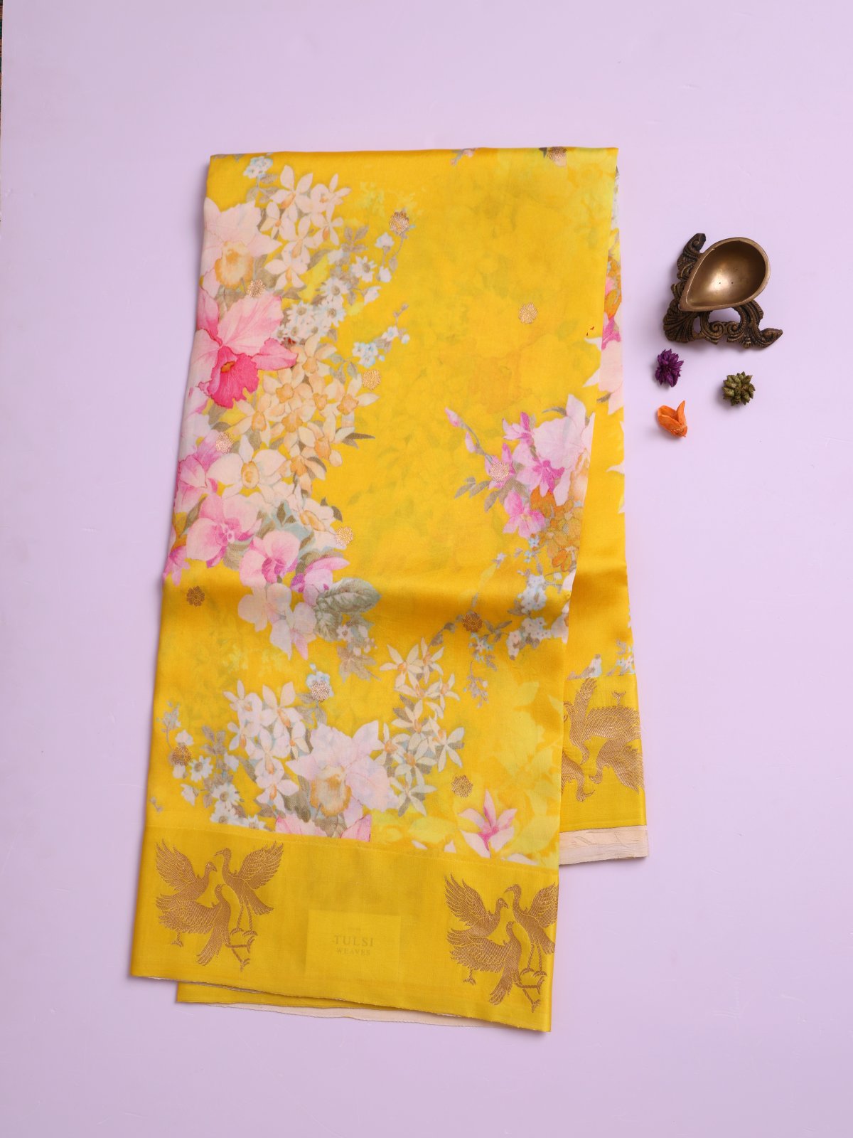 Yellow Printed Mashru Silk Saree with Self Satin Border